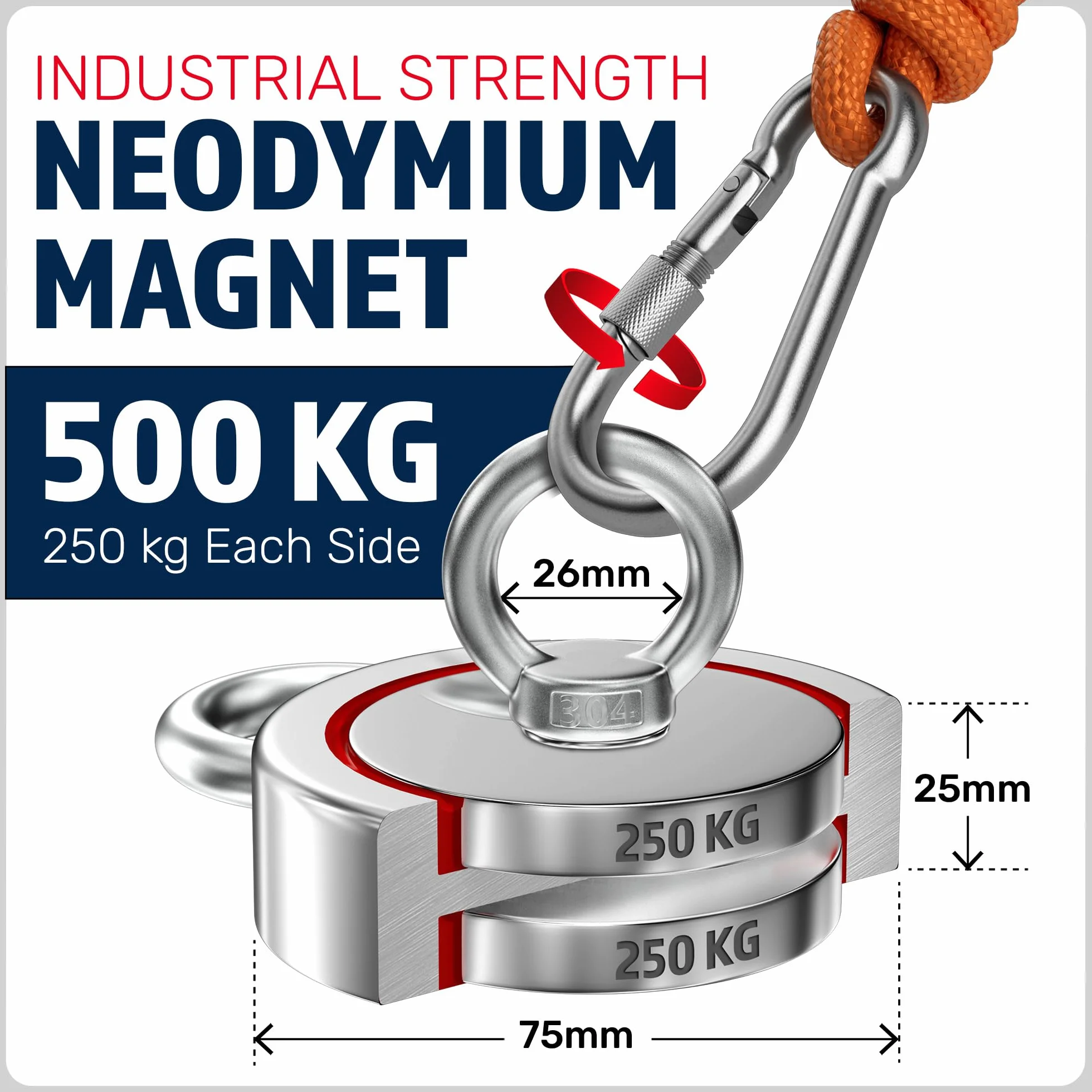 MAGFISHION Dwustronny Zestaw do Magnetycznego Wędkarstwa - Siła Przyciągania 500KG (2x 250kg) - Ø75mm - Magnes Neodymowy - Z Ciemnopomarańczową Liną (20M) & Rękawice - Magnes Ryba