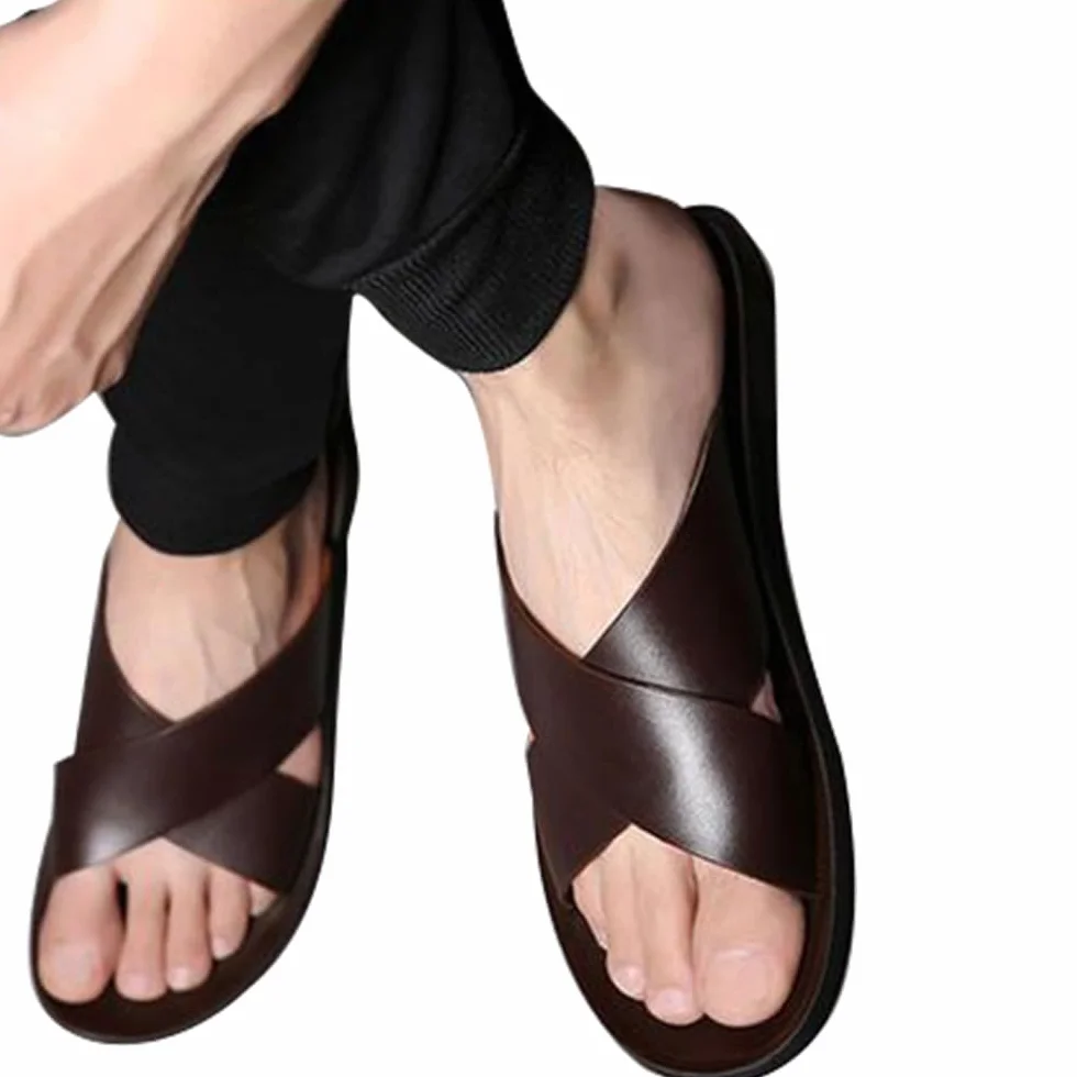 MGGMOKAY Męskie skórzane sandały, cross slide sandały, letnie oddychające buty plażowe