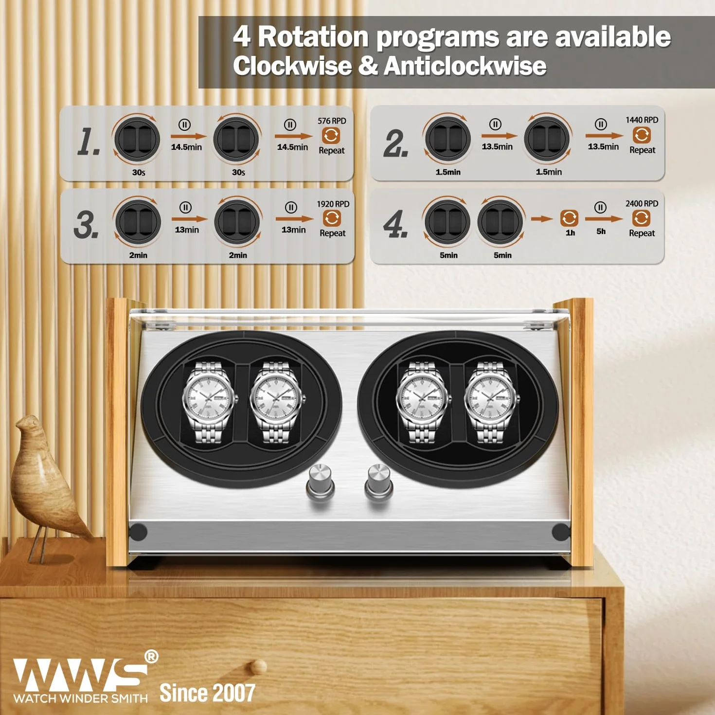 Watch Winder Smith - Automatyczny zegarek do zegarka, 100% rzemiosła, wzór patentowy z drewna bambusowego, bardzo cichy japoński silnik z AC lub bateriami