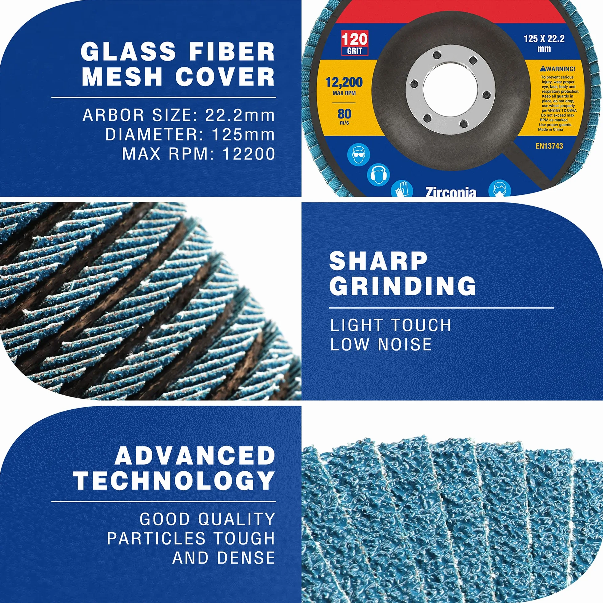 WORKPRO Profesjonalne tarcze wachlarzowe, 10 sztuk, Ø 125 mm x 22,2 mm, ziarnistość 40/60/80/120, niebieskie standardowe talerze szlifierskie do stali nierdzewnej