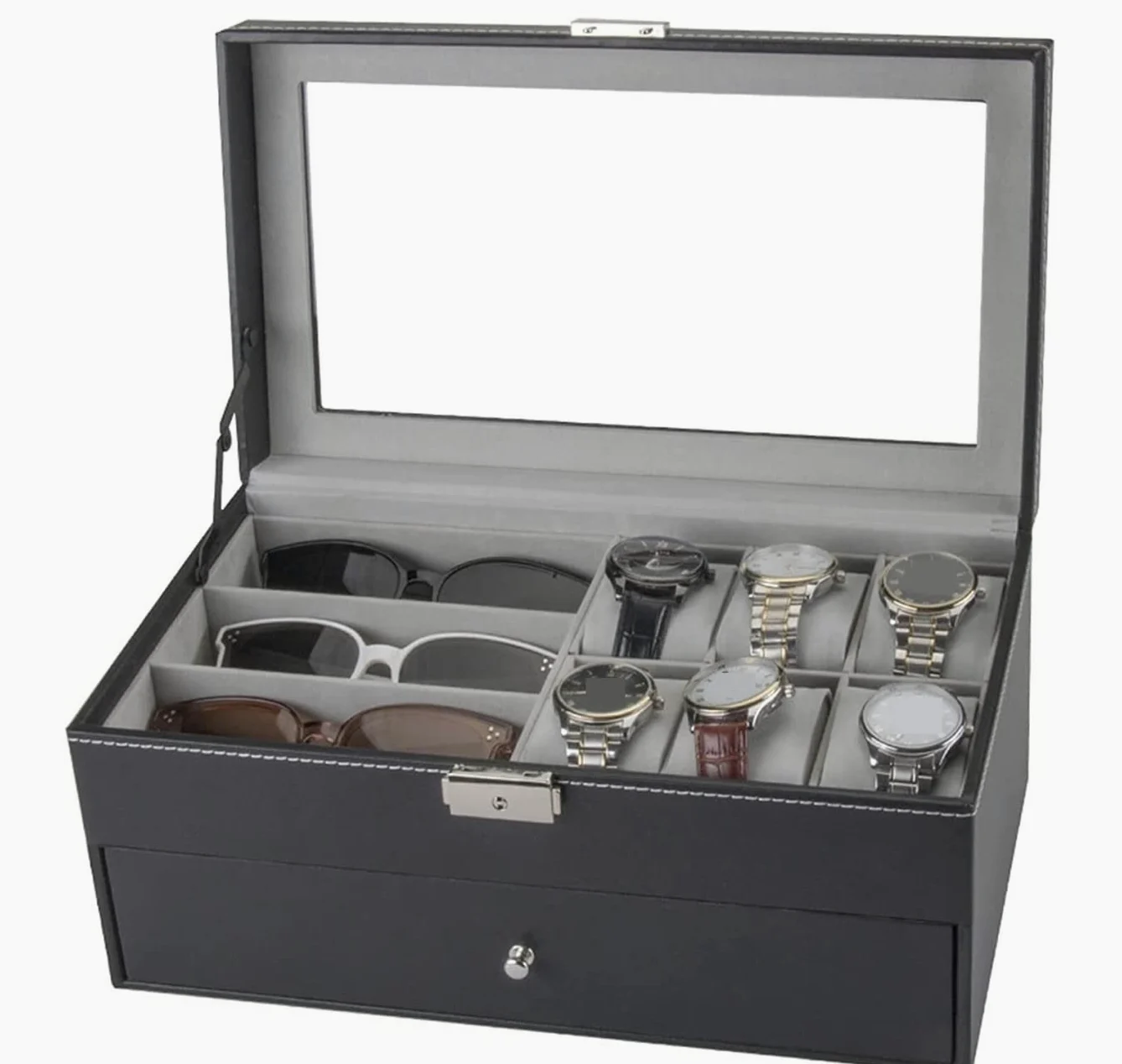 Etui Na Zegarek,Pudełko Na Okulary Przeciwsłoneczne,Podwójne,9 Sztuk,Etui Na Okulary,6 Przegródek,Pudełko Do Przechowywania Zegarków,Szuflada Ekspozycyjna,Zamykane Pudełko