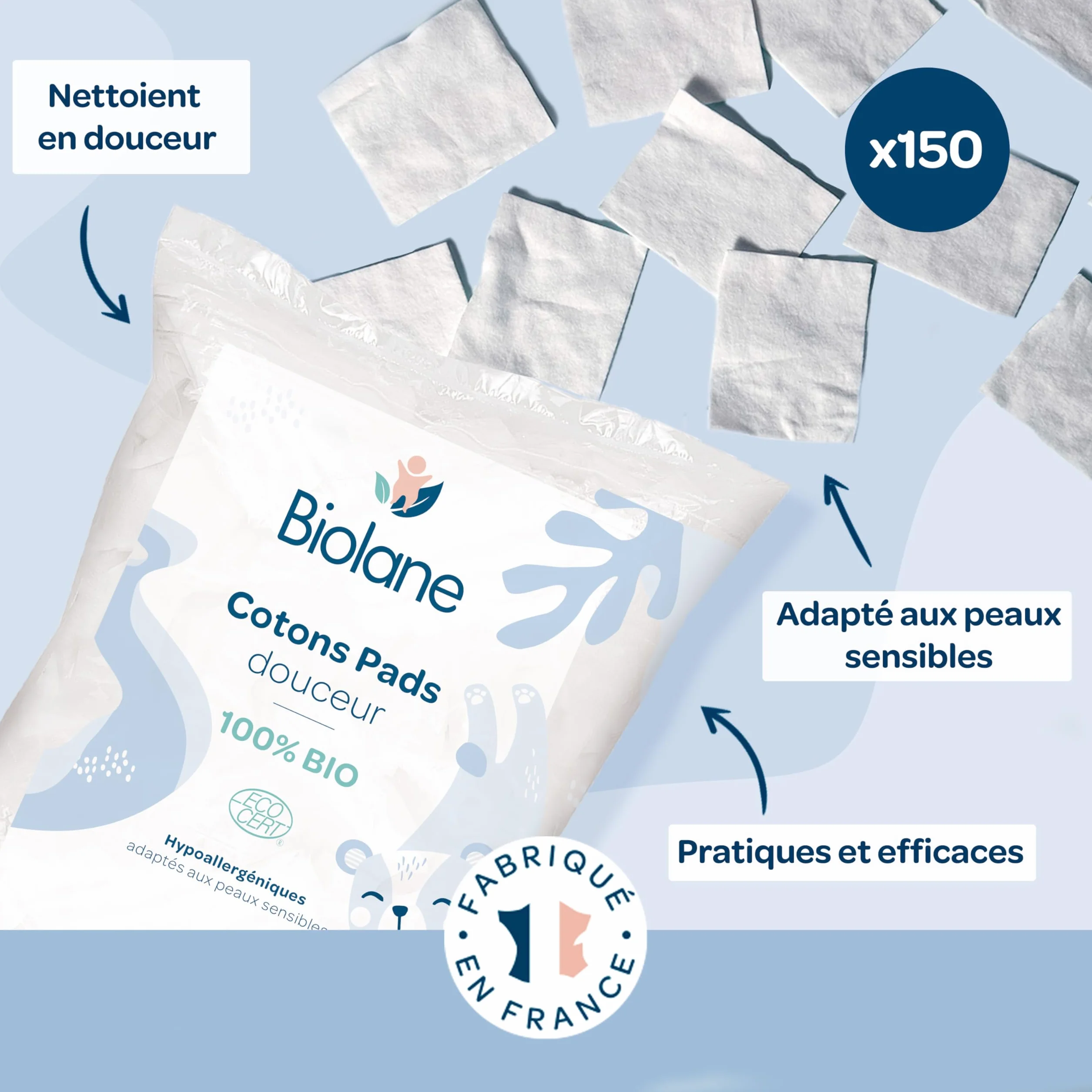 BIOLANE - Zestaw 3 bawełnianych wkładek do miękkich - Baby - 100% organicznych - 150 bawełny - Skóra wrażliwa - Zmiana & WC - Od urodzenia - Wyprodukowano we Francji