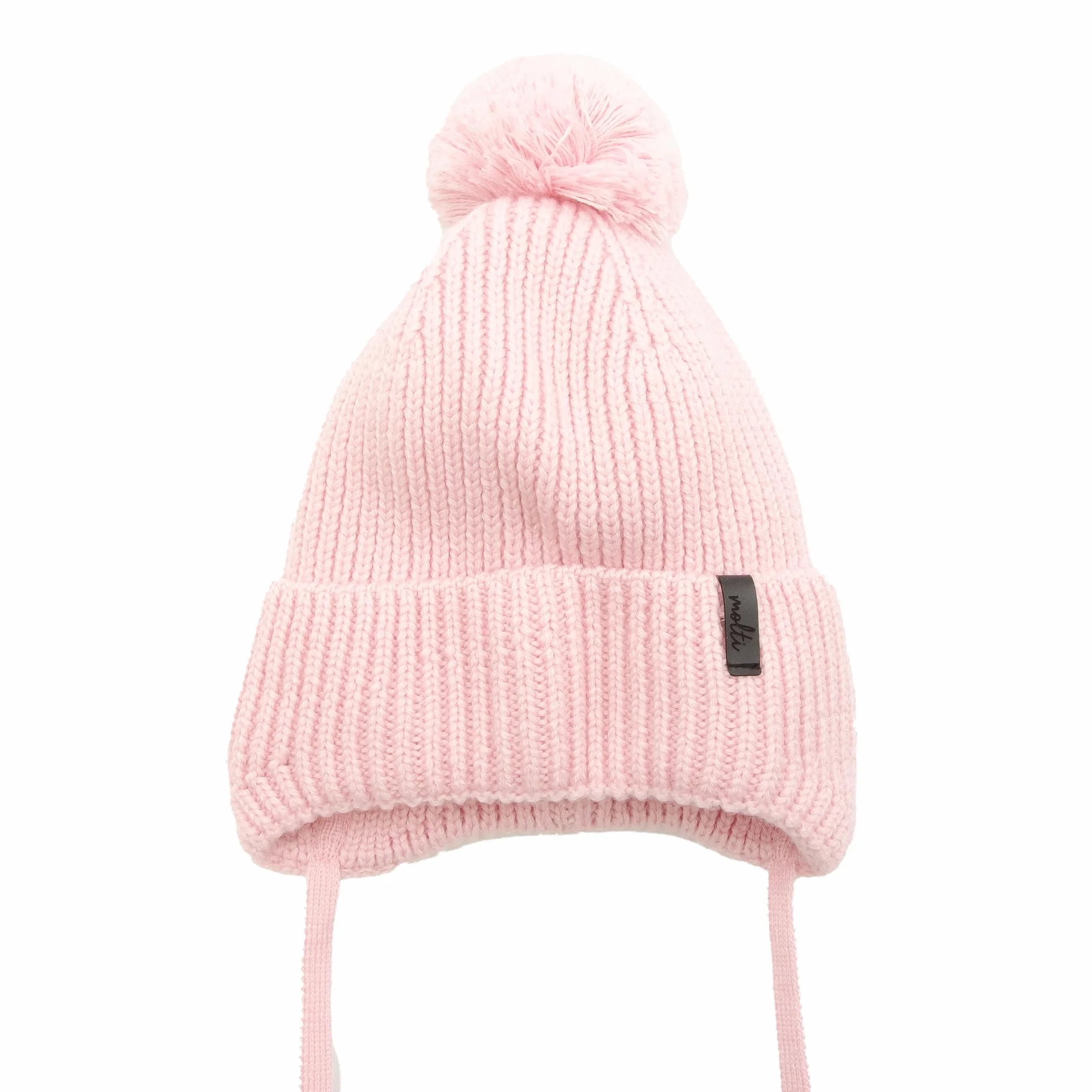 molti Dziecięca czapka zimowa beanie ze 100% wełny merino z podszewką z polaru, czapka z dzianiny z tasiemkami i pomponem, ciepła i miękka, Öko-Tex, rozmiar 46-48, brązowa