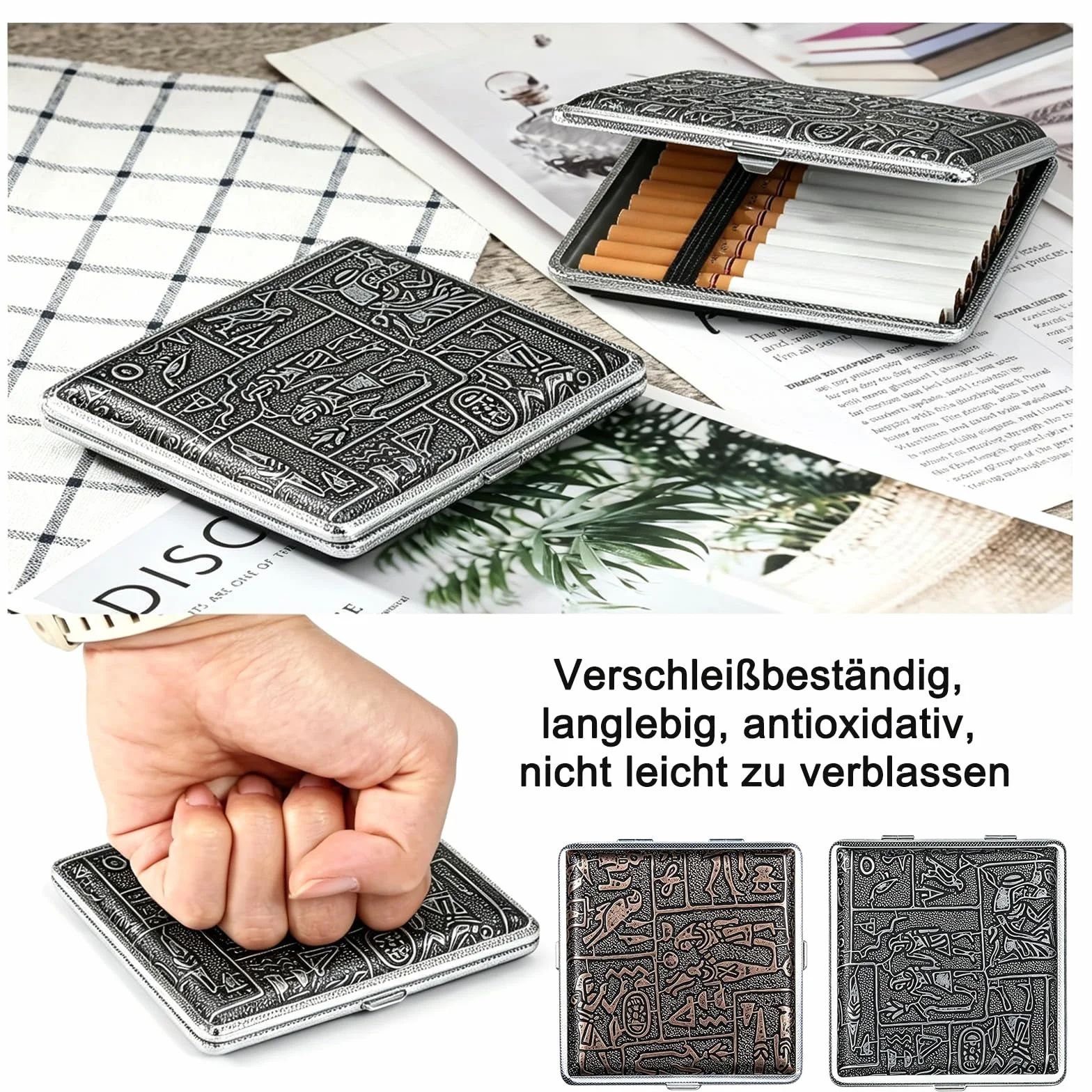Papierośnica ze stali nierdzewnej 2 sztuki na 20 papierosów 9,5 x 9,8 x 1,8 cm srebrna złota