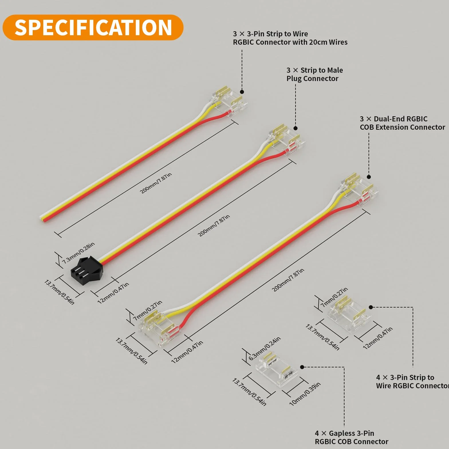 PAUTIX COB LED zestaw złączy do taśm RGBIC COB LED, 3-biegunowy zestaw przyłączy bez lutowania, pasek do wtyczki, wtyczka, bez przerw