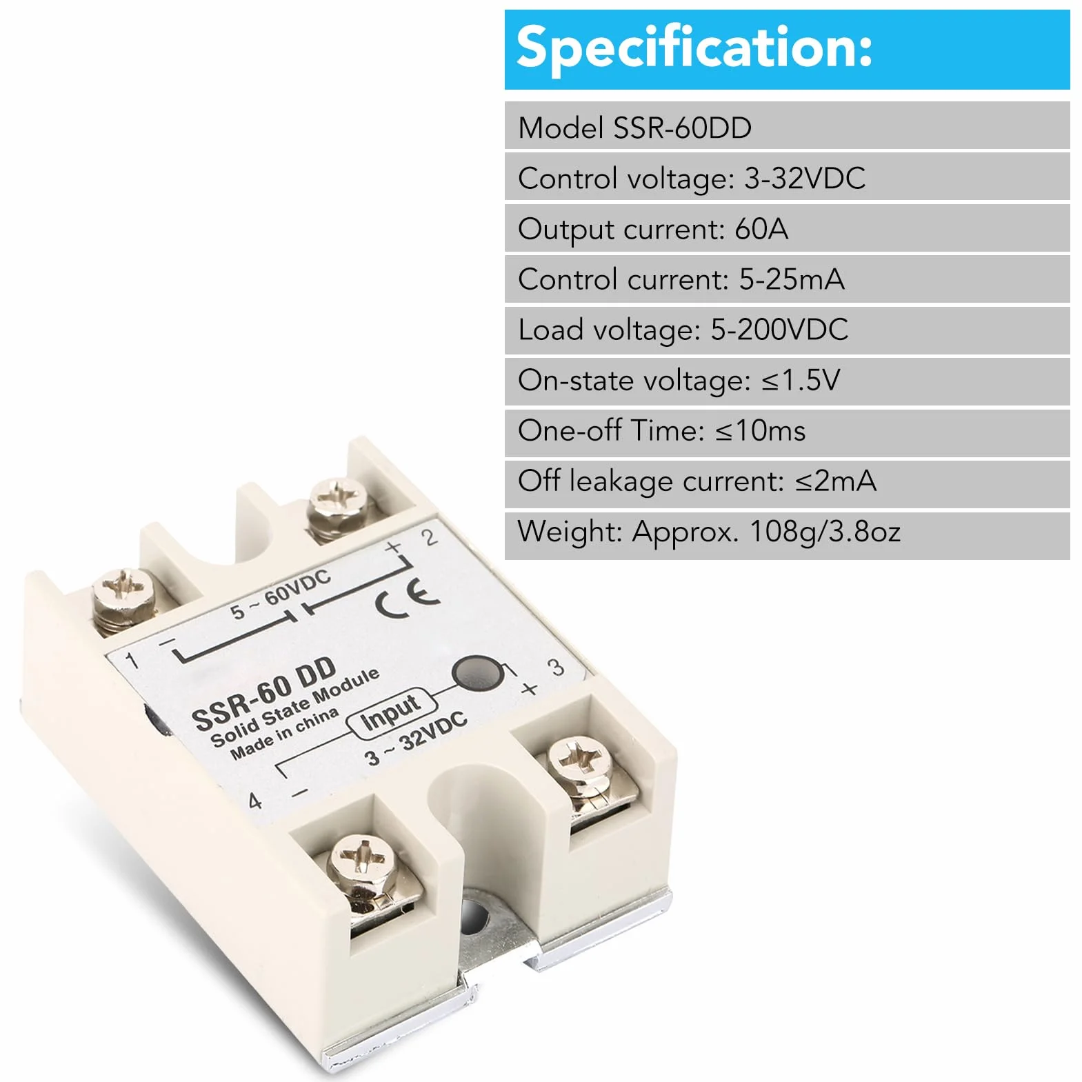 Przekaźnik półprzewodnikowy DC-DC, SSR-60DD 60A 3-32V DC do 5-110VDC SSR