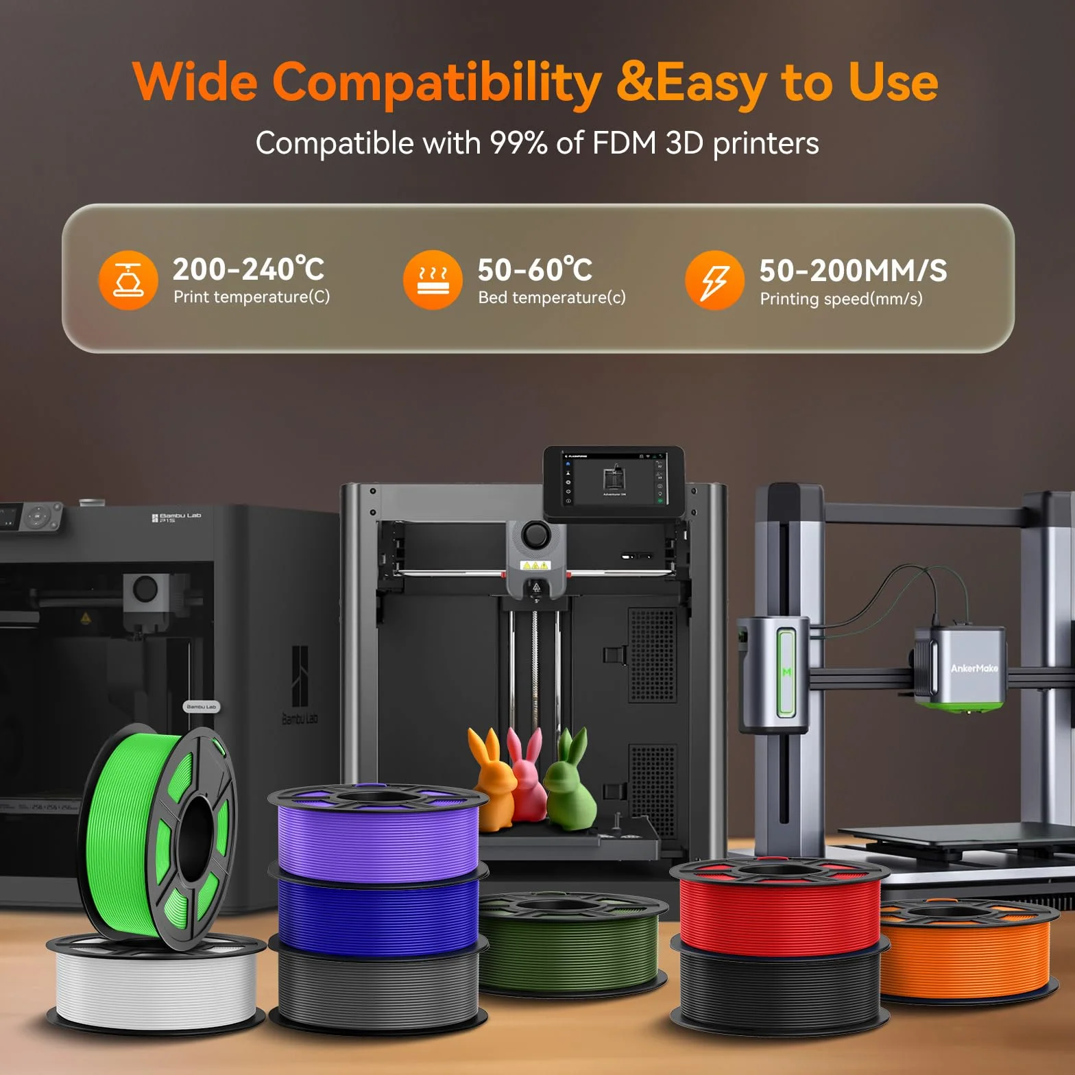 TECBEARS PLA Multicolor Bundle filament 1,75 4 kg, filament do drukarki 3D, do większości drukarek 3D, błękitny + cytrynowy żółty + błyszczący pomarańczowy + oliwkowy zielony