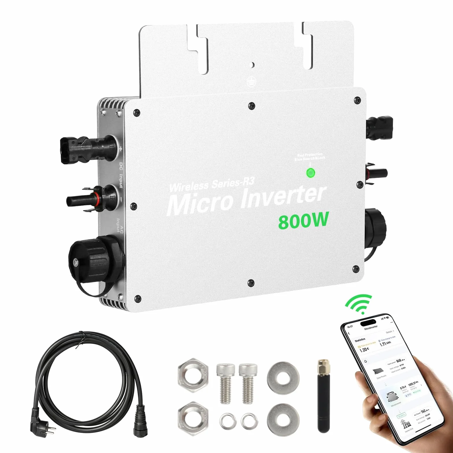 Falownik 800 W, moc balkonowa, mikrofalownik, 800 W, 4 moduły PV, falownik 800 W, wodoszczelność IP65, z systemem monitorowania telefonu komórkowego, WiFi.
