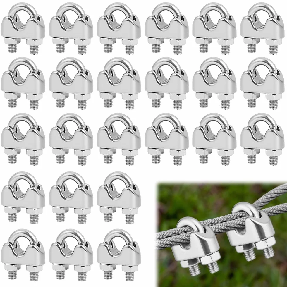 Flintronic Zacisk do liny drucianej 4 mm, 24 sztuki M4 U zaciski linowe, 4 mm 304 zaciski pałąkowe ze stali nierdzewnej, łącznik do liny stalowej, linka druciana, linka leśna, markiza