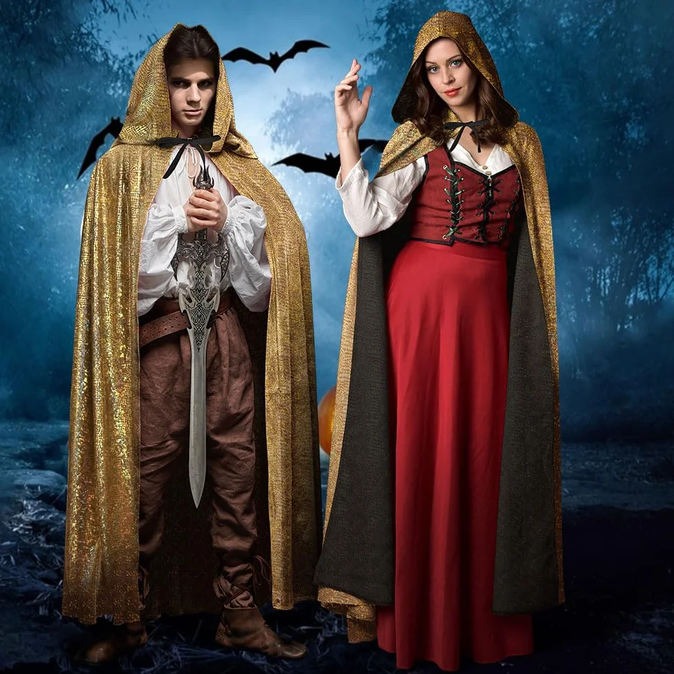 Brokatowa peleryna, peleryna z kapturem, peleryny długie dorosłe kostium na Halloween Cape Masquerade kostium na Boże Narodzenie cosplay