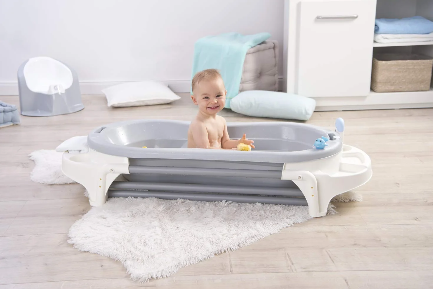 Rotho Babydesign TOP Xtra Duża wanienka, Z 2 matami antypoślizgowymi i korkiem spustowym, Idealna dla 2 dzieci, Do 36 miesiąca, TOP Xtra, Stone Grey (Szary), 20500 0286