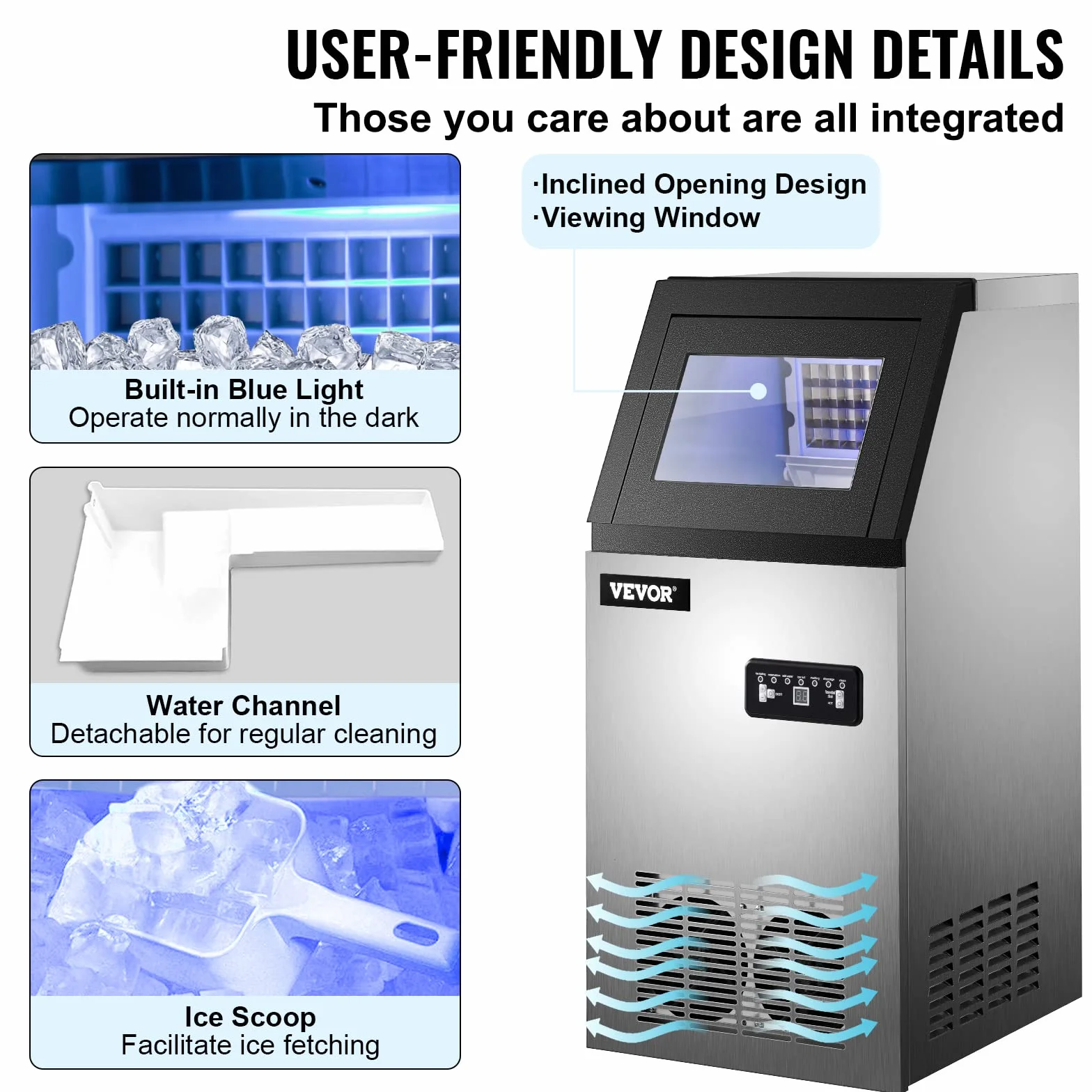 VEVOR Commercial Food Grade Ice Cube Machine 68 kg/24h, wielofunkcyjna kostkarka do lodu wykonana ze stali nierdzewnej 280 W Inteligentny panel sterowania LCD, do kawiarni, barów itp.