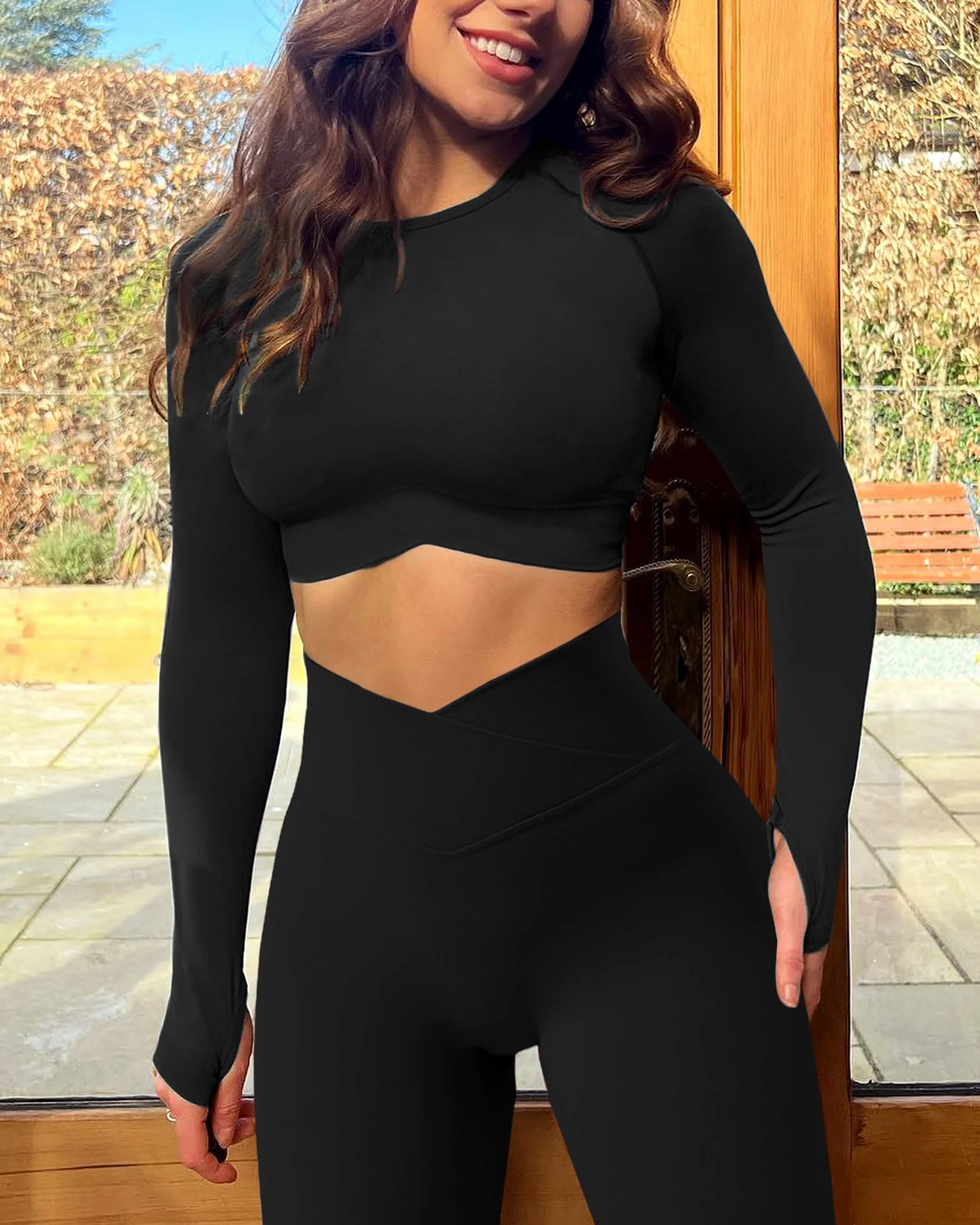 Navneet Zestaw sportowy damski długi rękaw bez pleców legginsy Scrunch