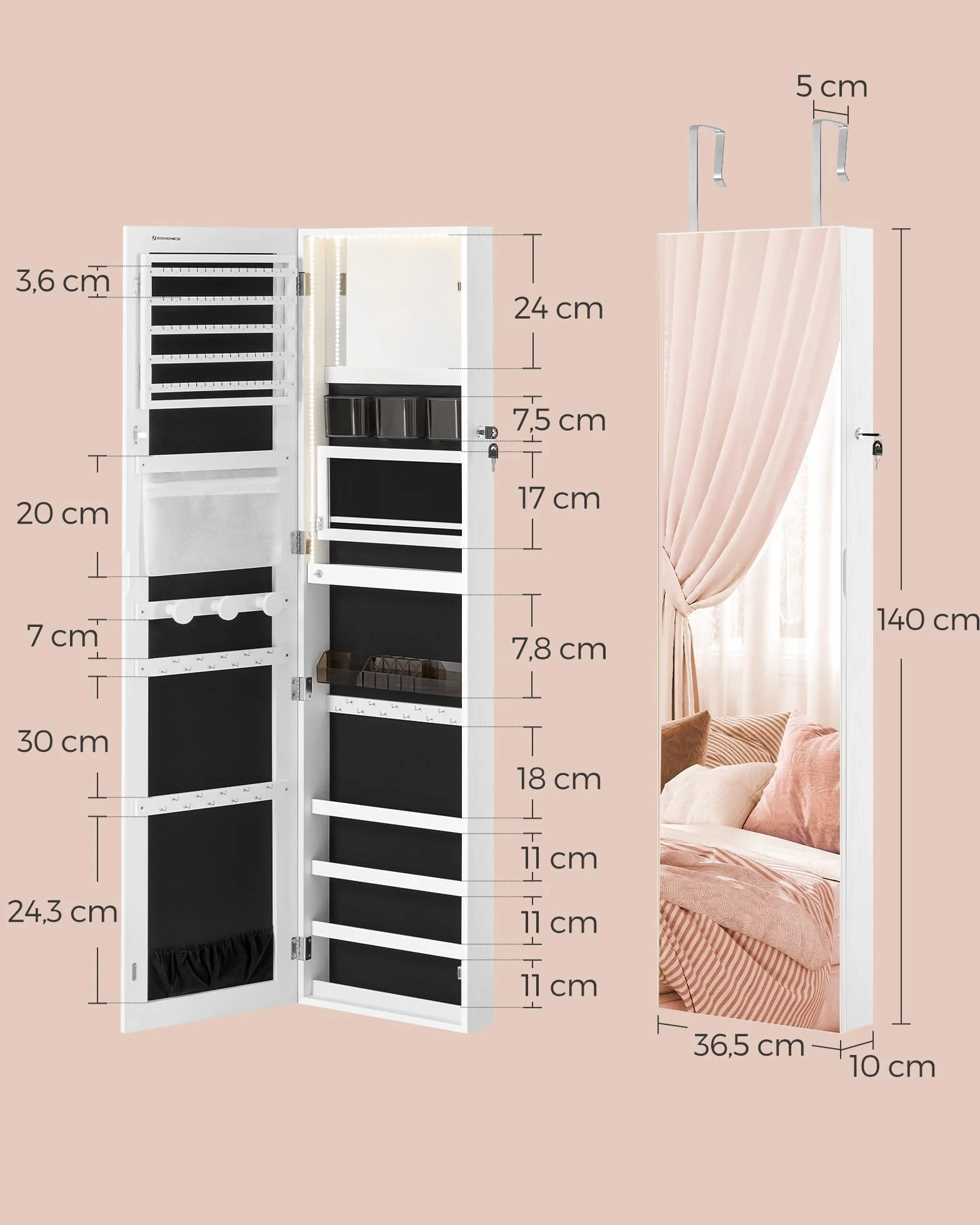 SONGMICS Szafka na biżuterię o wysokości 140 cm, organizer na biżuterię z podświetlanym lustrem wewnętrznym, szafka z lustrem montowana na ścianie lub drzwiach, zamykana, pomysł na prezent, chmurowa