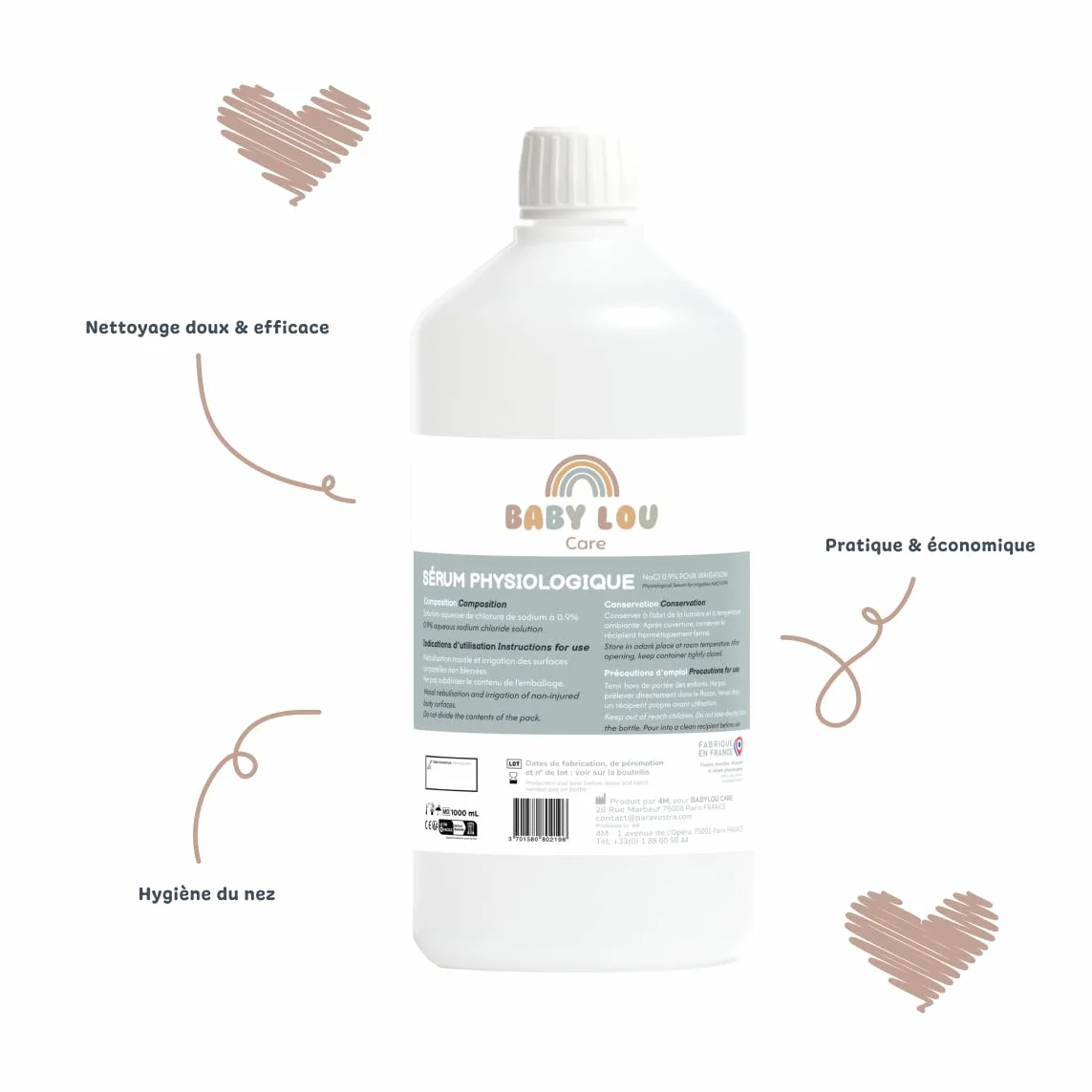 Fizjologiczne serum w butelce | NaCl 0,9% | Mycie nosa | Higiena nosa | Do nawadniania zewnętrznego | Wyprodukowano we Francji | 3 x 1 litr