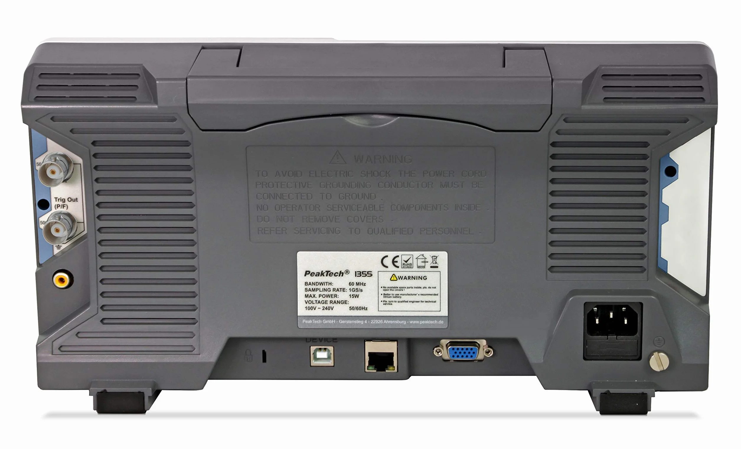 PeakTech P 1355 2-Channel Storage Oscilloscope 60 MHz Max. 1 GS/s and 12 bit A/D - with USB, LAN interface & 8" touch screen, memory depth 40 million points, FFT & XY mode, DSO 18 W, 240 V