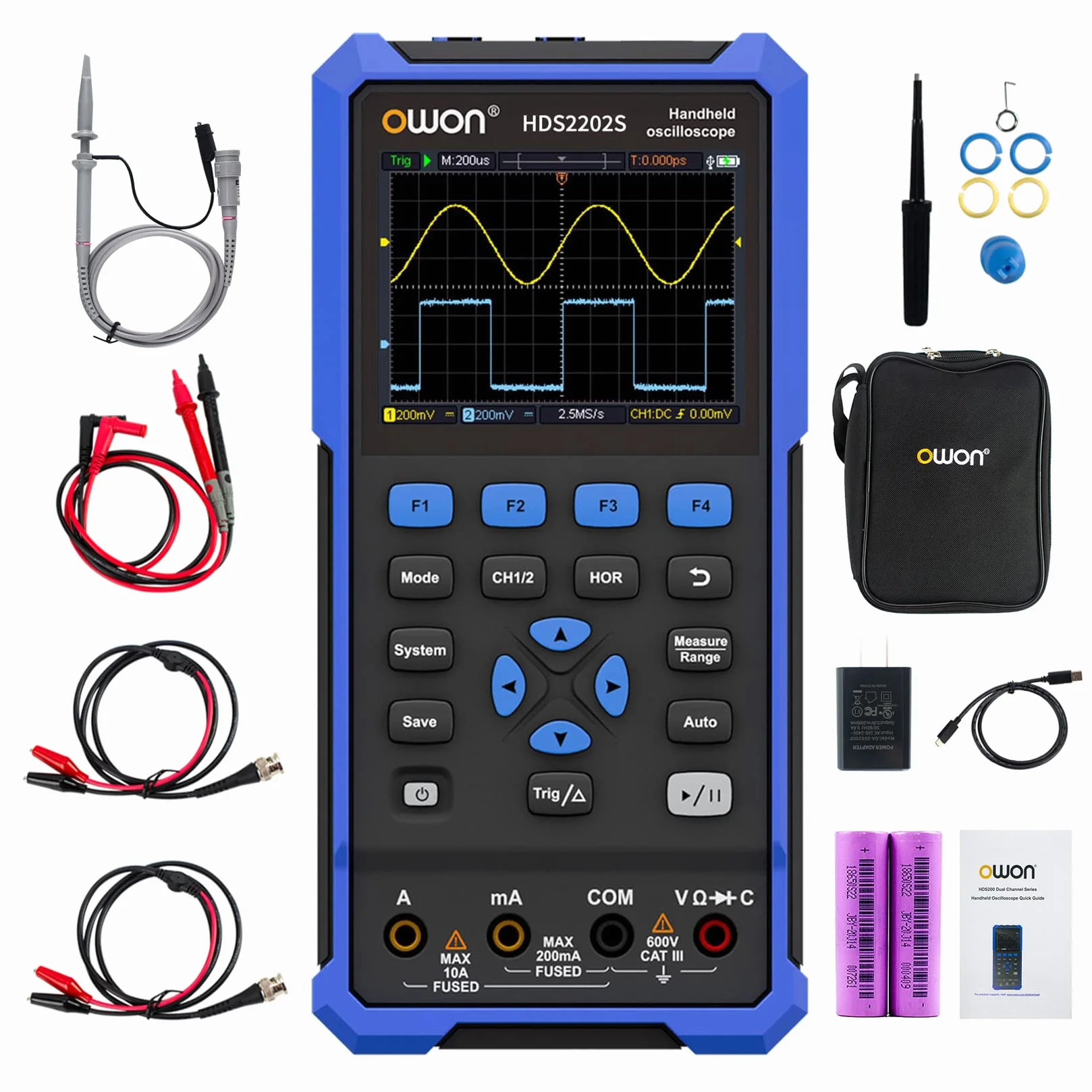 OWON HDS2202S 3 w 1 ręczny oscyloskop, przepustowość 200 MHz USB typu C z 3,5-calowym wyświetlaczem LCD, multimetr cyfrowy 20000, 2-kanałowy oscyloskop cyfrowy generator