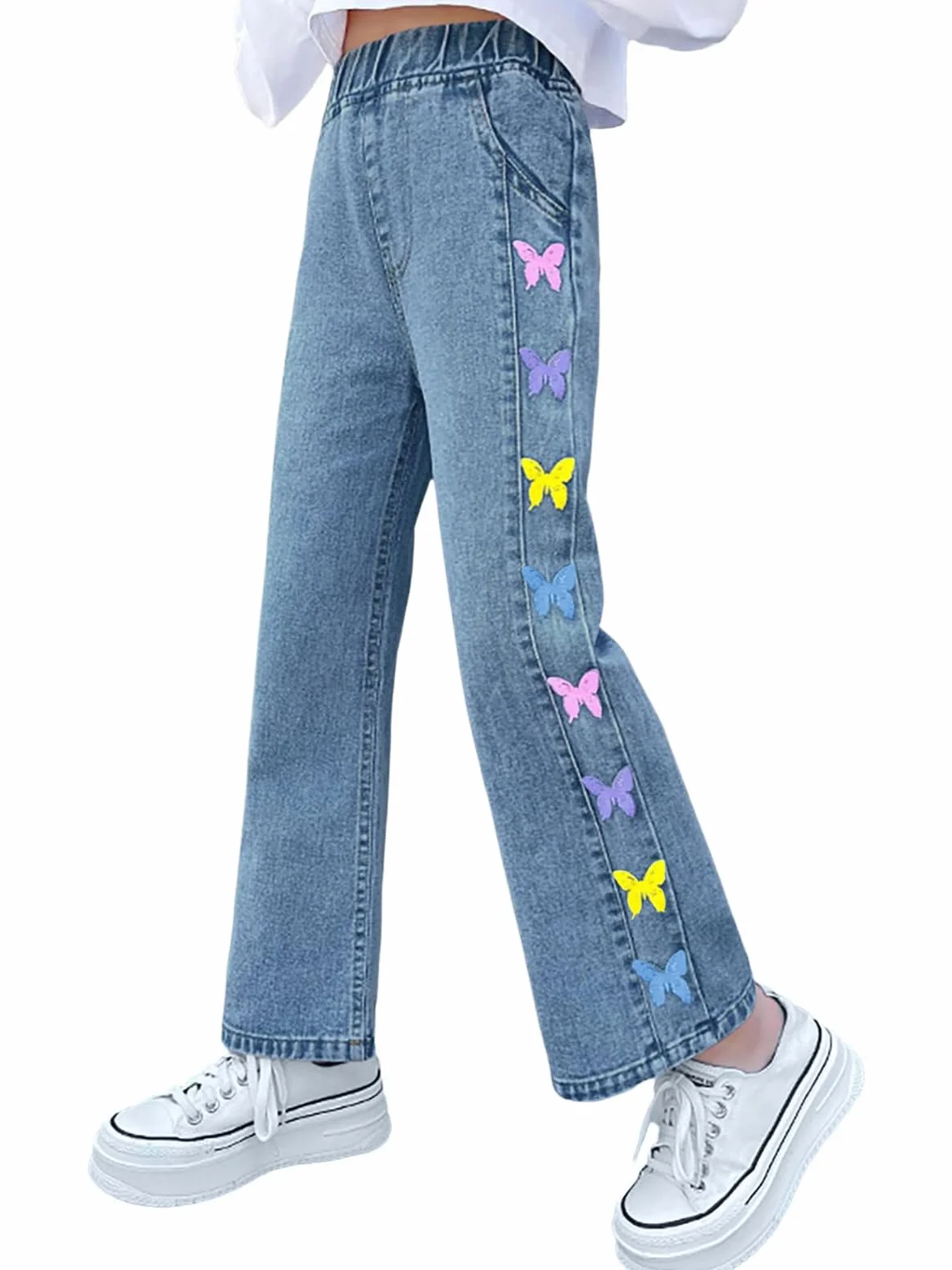 Dżinsy dziewczęce z nadrukiem motyla szerokie nogawki elastyczne streetwear z kieszeniami