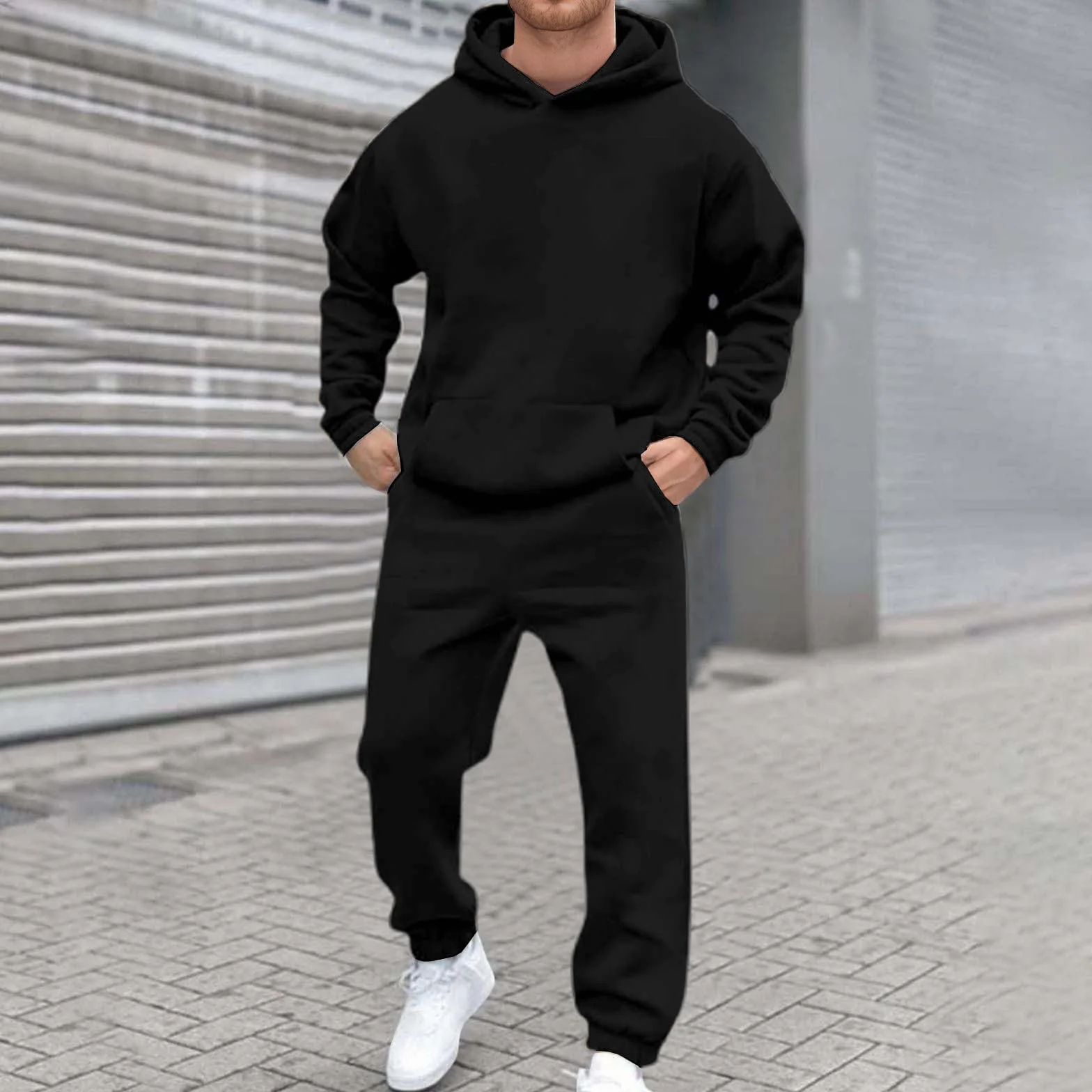 Generisch Męski dres do joggingu, oversize, bawełniany, modny, jednokolorowy, 2-częściowy zestaw z kapturem i spodniami do biegania, wygodny, oddychający strój rekreacyjny, na siłownię, fitness