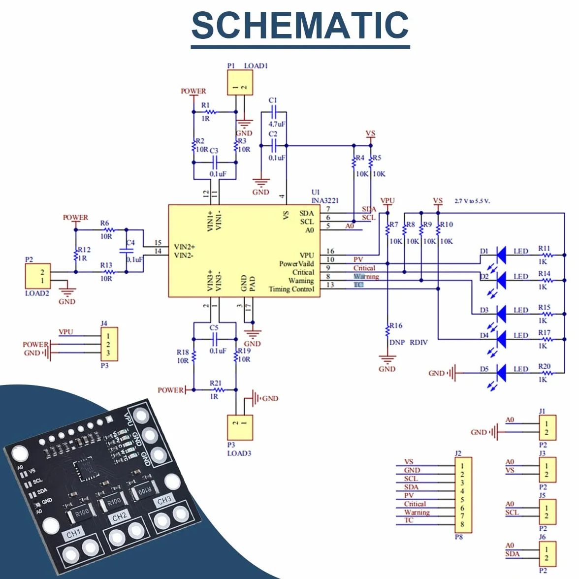 2 szt. I2C SMBUS INA3221 3-kanałowy moduł czujnika napięcia bocznego High-Side-wyjściowa płyta sterująca zamiennik INA219