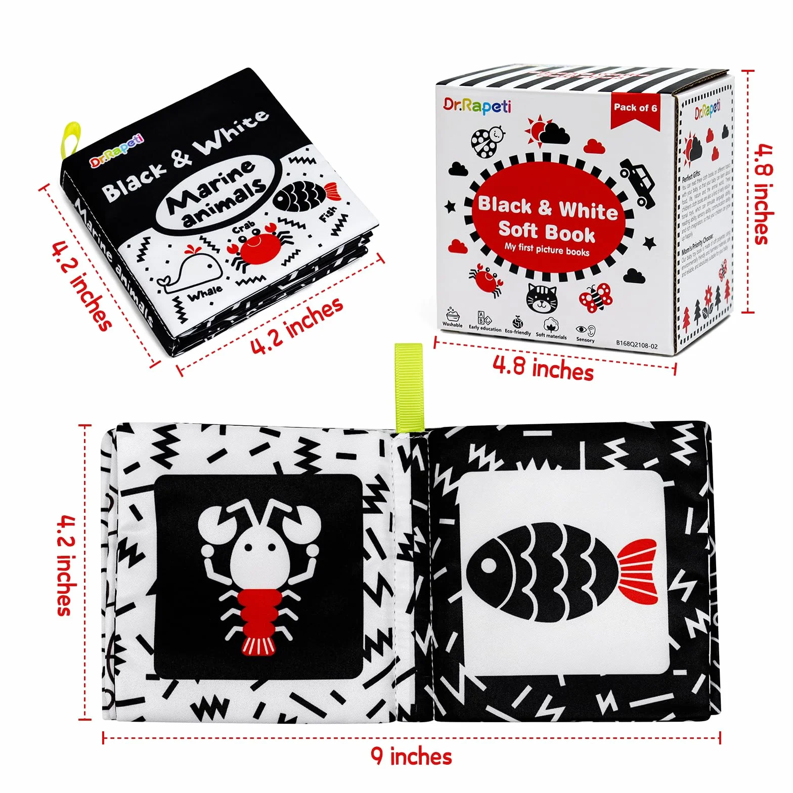 Dr.Rapeti 6 Pack Soft Books, Baby Soft Cloth Book, Sensory Book, Bath Book, Crinkle Soft Book, Black and White High Sensory Book, Washable Nontoxic Educational Learning Toy