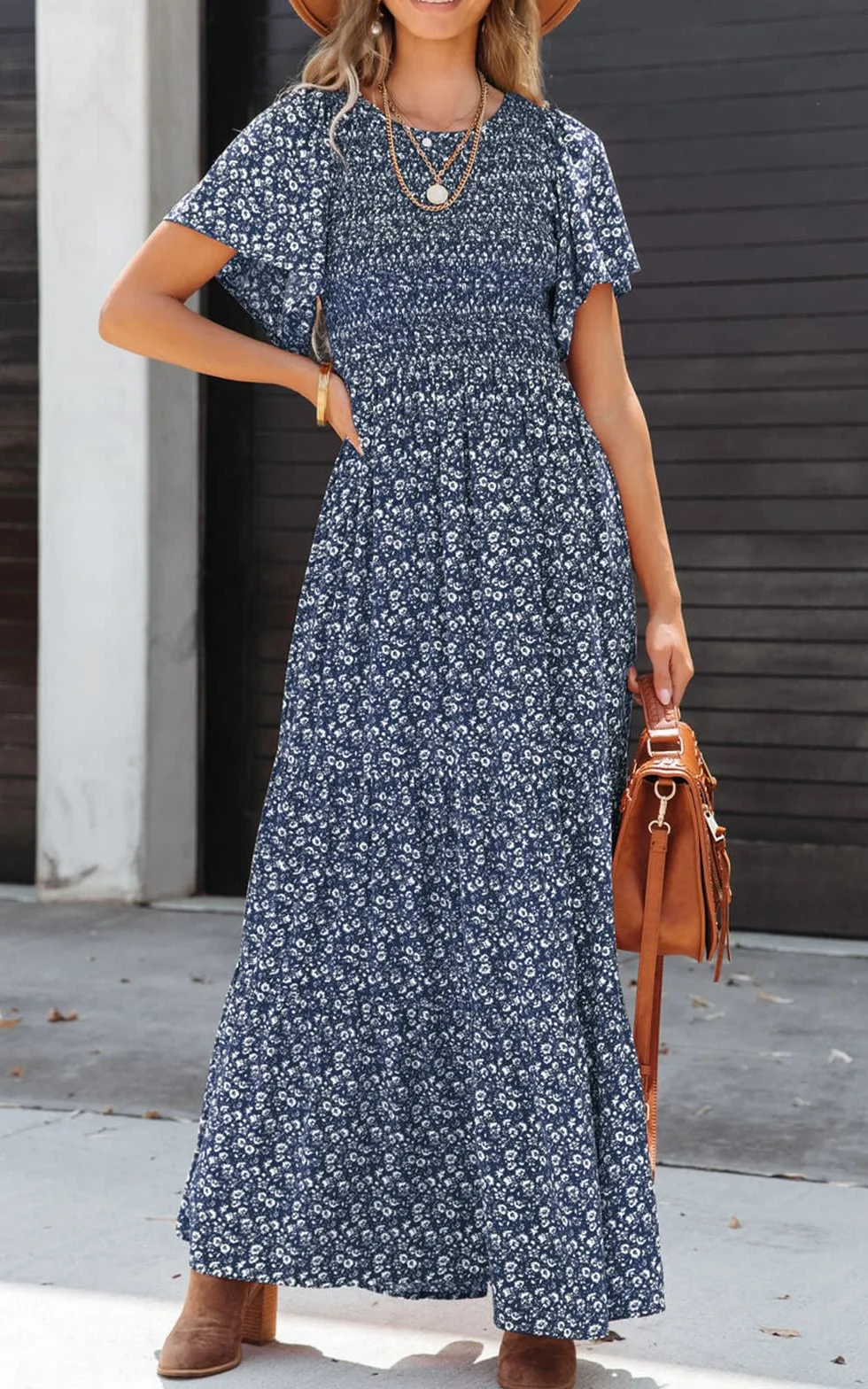 PRETTYGARDEN Women's Floral Maxi Dress Round Neck Short Flutter Sleeve Smocked Ruffle Flowy Tiered Boho Dress Navy Medium