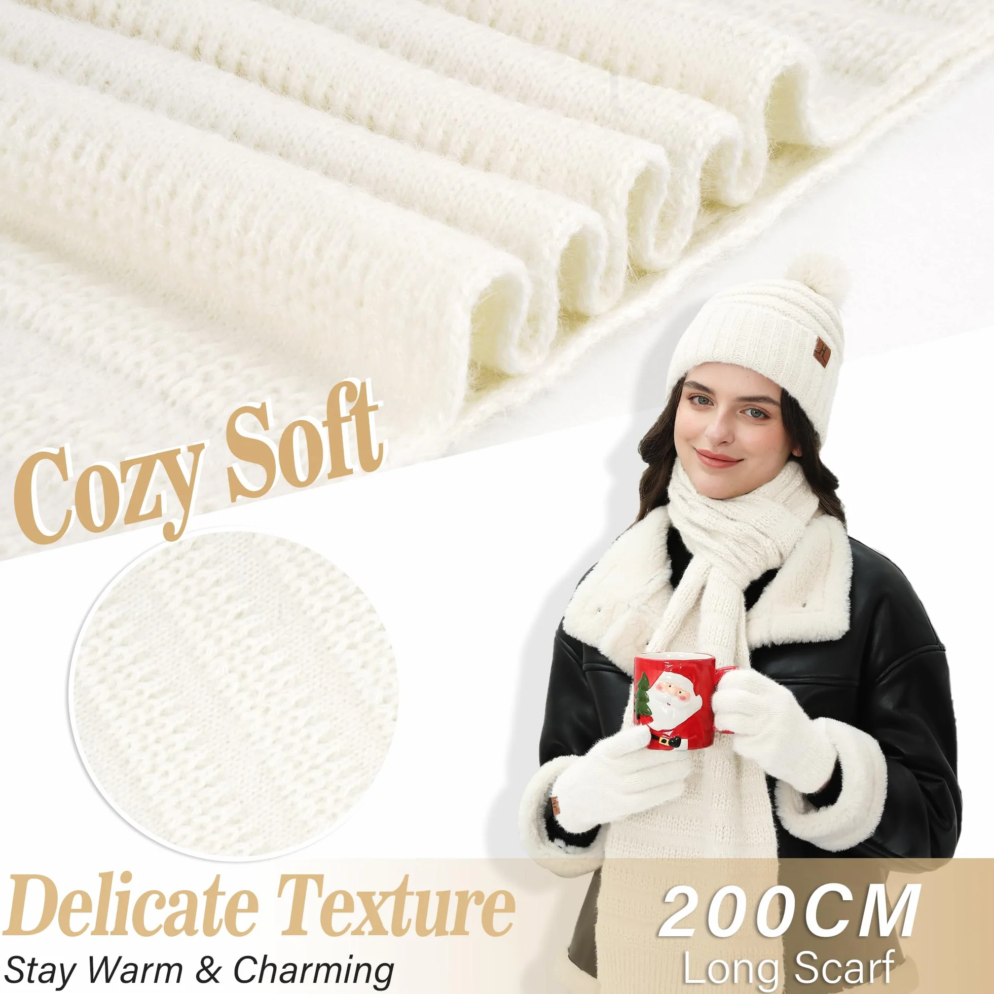 Zimowa damska czapka, szalik, rękawiczki z podszewką polarową, ciepła czapka zimowa, czapka z dzianiny, czapka beanie z pomponem, rękawiczki zimowe, długie szaliki, dla kobiet, prezent na Boże