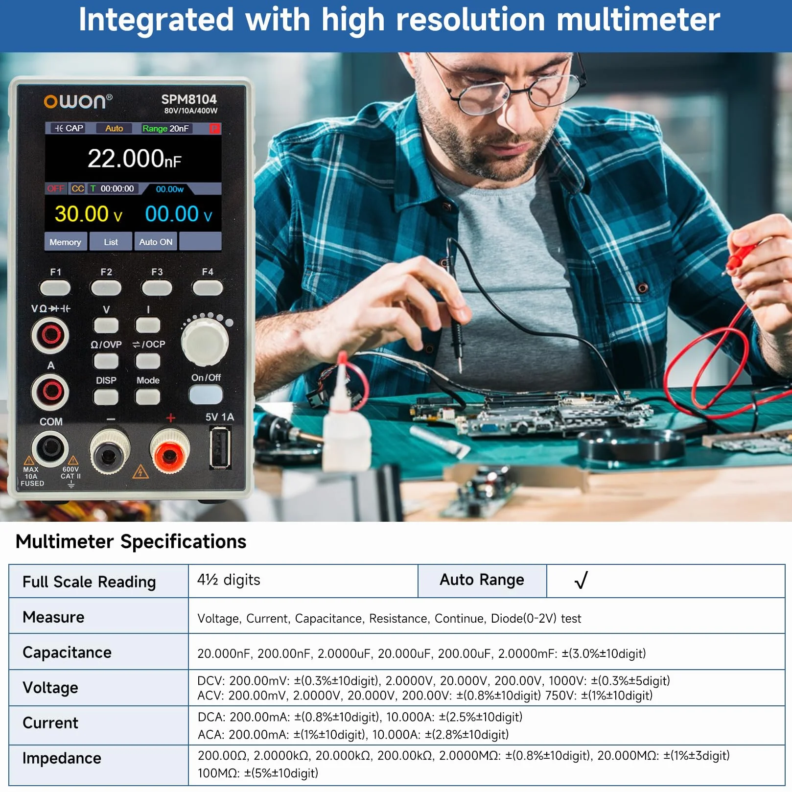 OWON SPM8104 zasilacz laboratoryjny 2 w 1 i multimetr 80 V/10 A, zasilacz DC zmienny, zasilacz stołowy z 2,8-calową diodą LED, interfejs USB, obsługa SCPI, multimetr cyfrowy 4 1/2