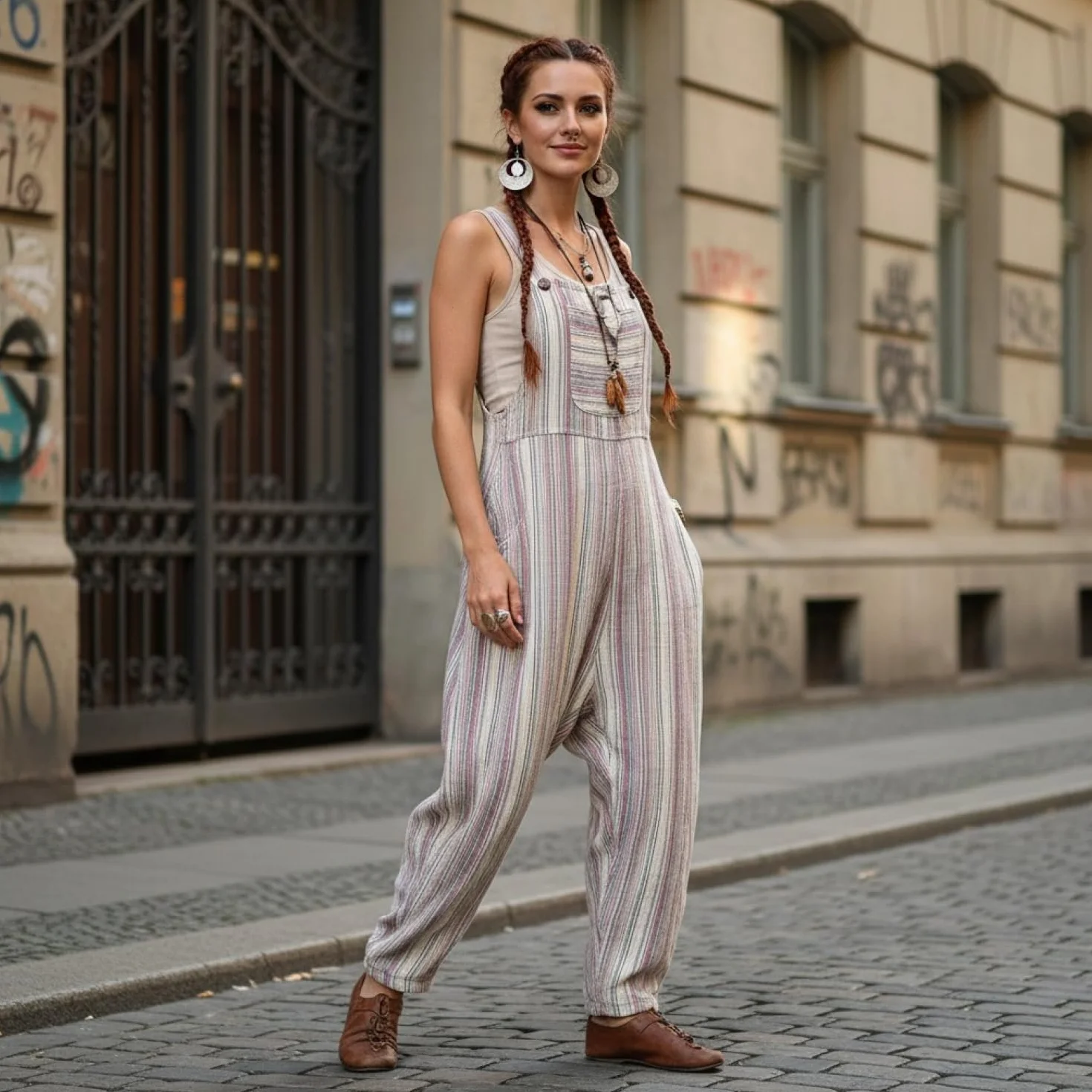 GURU SHOP Przewiewne ogrodniczki, w paski, styl etno oversize, jednoczęściowy, letni kombinezon, damskie bawełniane