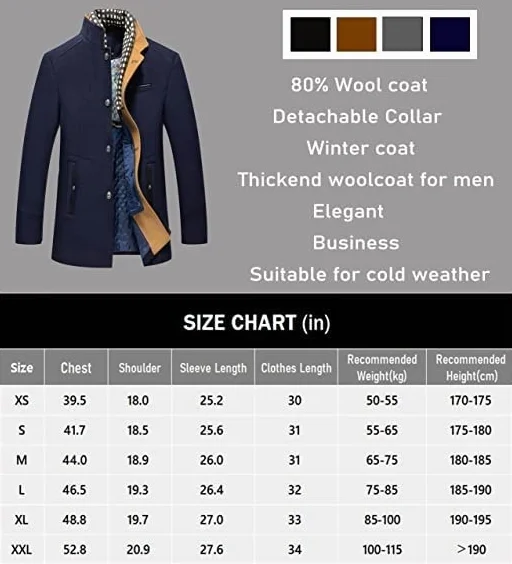 Płaszcz Zimowy Męski Płaszcz Slim Fit Wełniany Płaszcz Biznesowy Ze Stójką Męski Zimowy Z Odpinanym Szalikiem