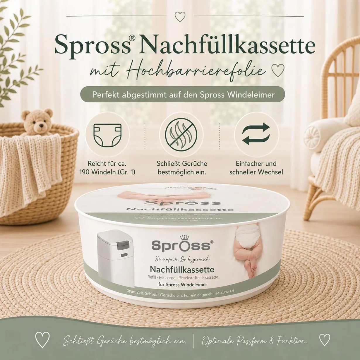 Spross Kosz na pieluchy dla niemowląt w zestawie z kasetą uzupełniającą – nieprzepuszczający zapachów system z obsługą jedną ręką – kosz na śmieci na pieluchy dla niemowląt, biało-szary