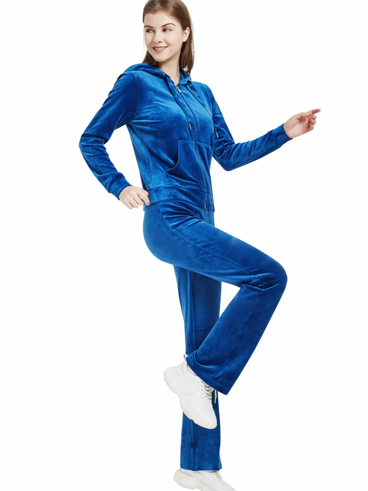 Woolicity Damski welurowy dres sportowy 2-częściowy zamek bluza z kapturem spodnie