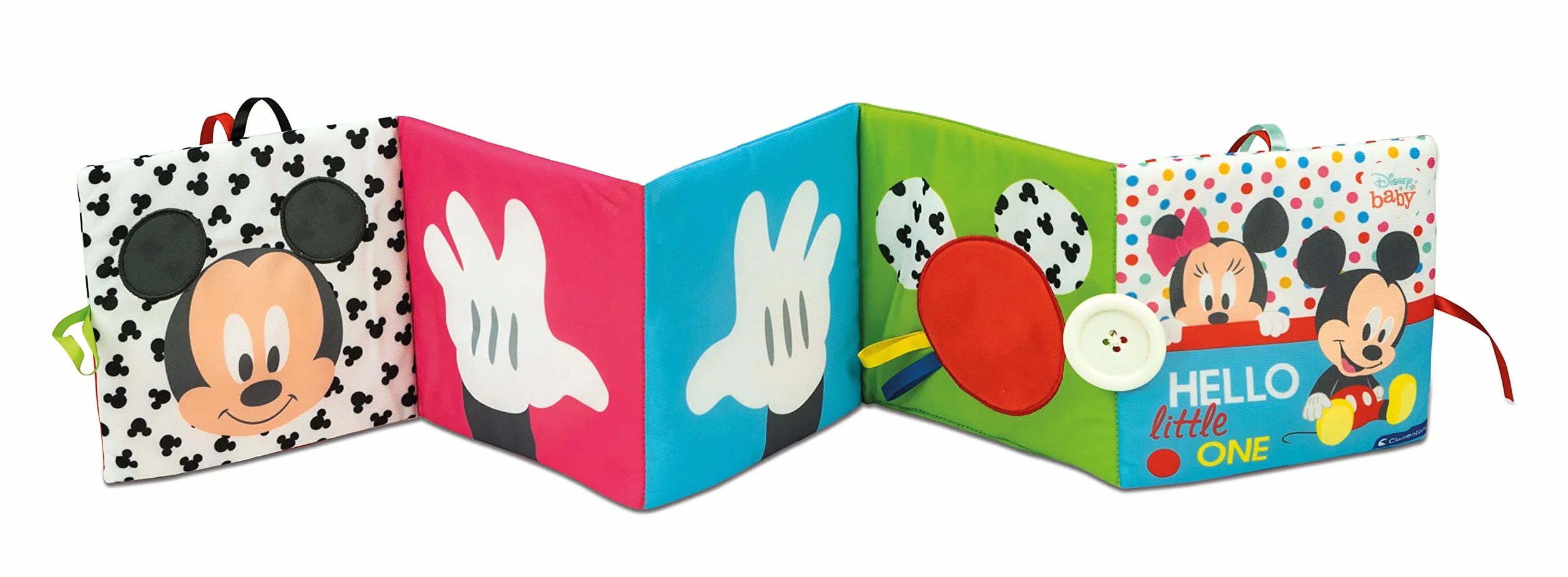 Clementoni Disney Baby pierwsze miesiące, stymulujące zmysły i praktyczność, miękka, sensoryczna książka z tkaniny, zabawka dla niemowląt 0+, 100% można prać w pralce, wielokolorowa, średnia, 17721