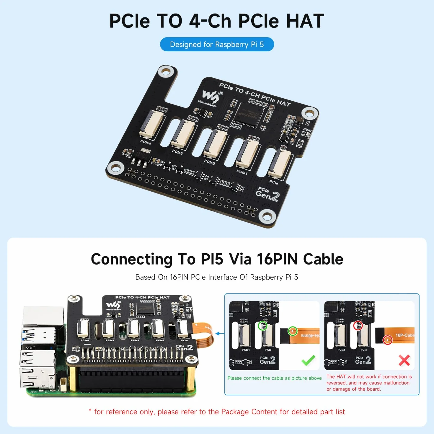 Waveshare 4-Ch PCIe FFC Adapter Board for Raspberry Pi 5, Expands The PCIe Interface Of The Pi 5 To 4-Ch PCIe FFC Connectors, Supports Stacking Multiple PCIe HATs, Raspberry Pi 5 PCIe HAT