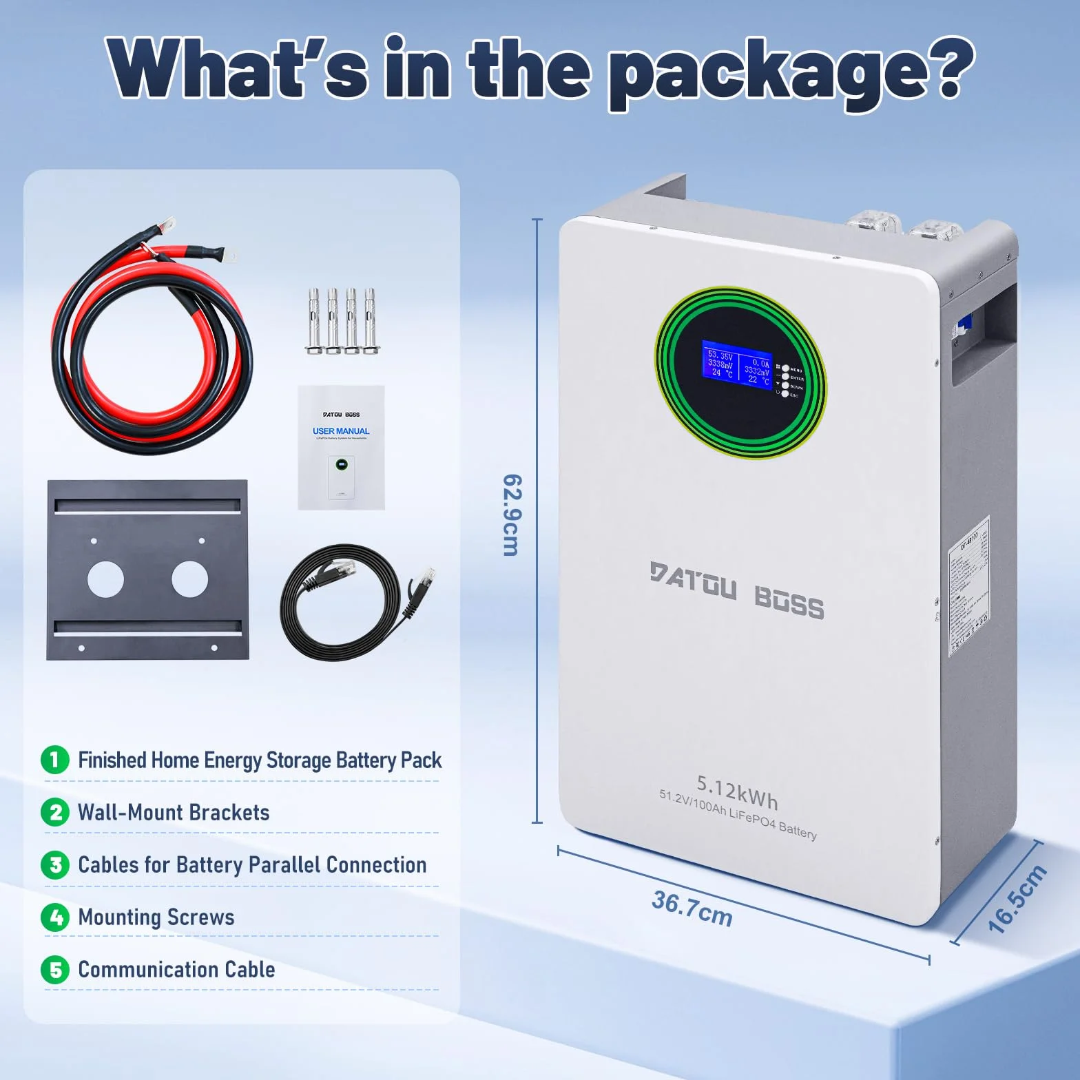DATOUBOSS Akumulator LiFePO4 48V 100Ah 5,12kWh, 8000+ cykli, litowa bateria magazynująca energię z BMS, montaż na ścianie, RS485/CAN, możliwość rozbudowy równoległej, do instalacji PV, off-grid, domu