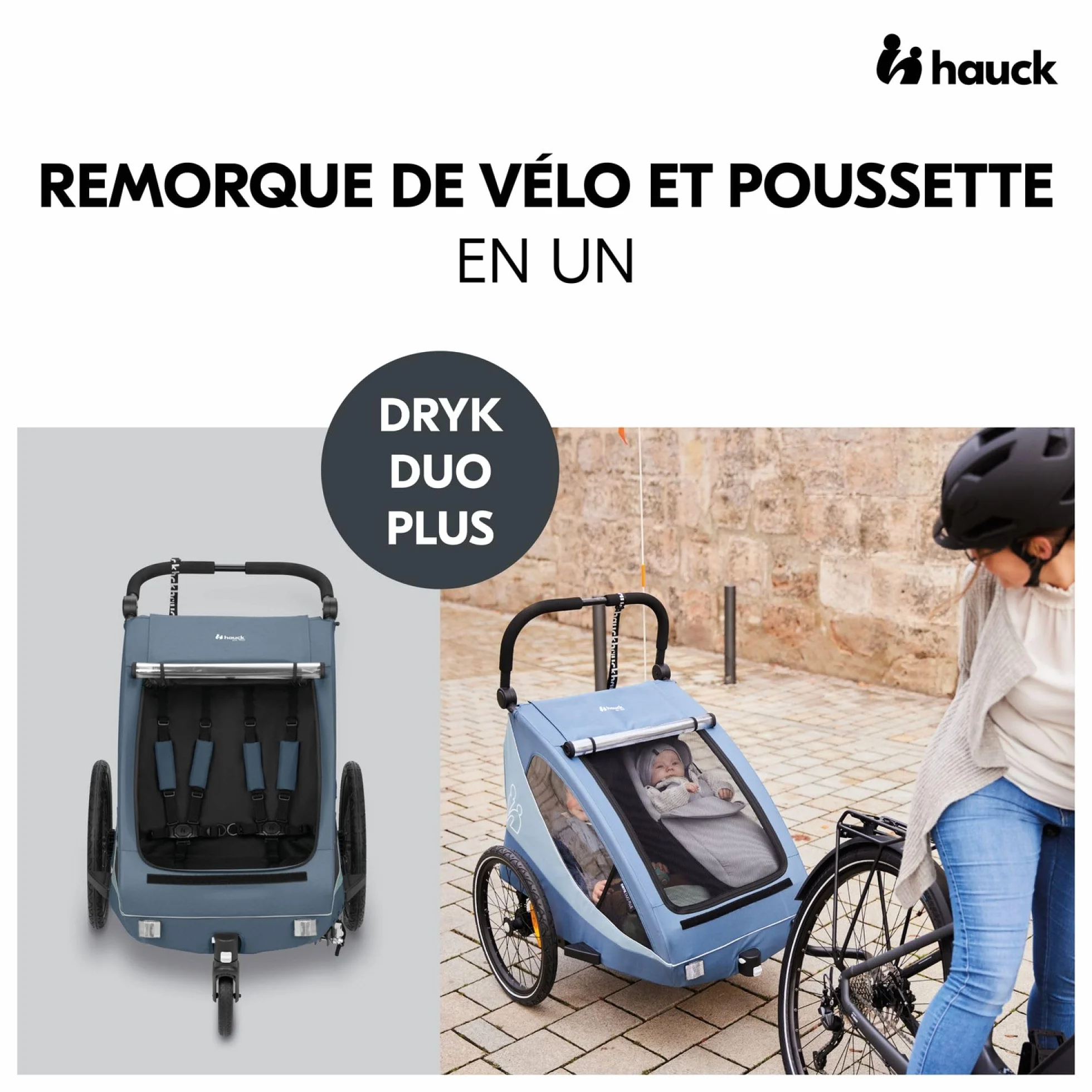 hauck Dryk Duo Plus Przyczepa rowerowa dla dzieci z zawieszeniem, 2 miejsca (6-48 miesięcy), przyczepka rowerowa z dyszlem, kołem, flagą i światłem, składana, komora XL, niebieska
