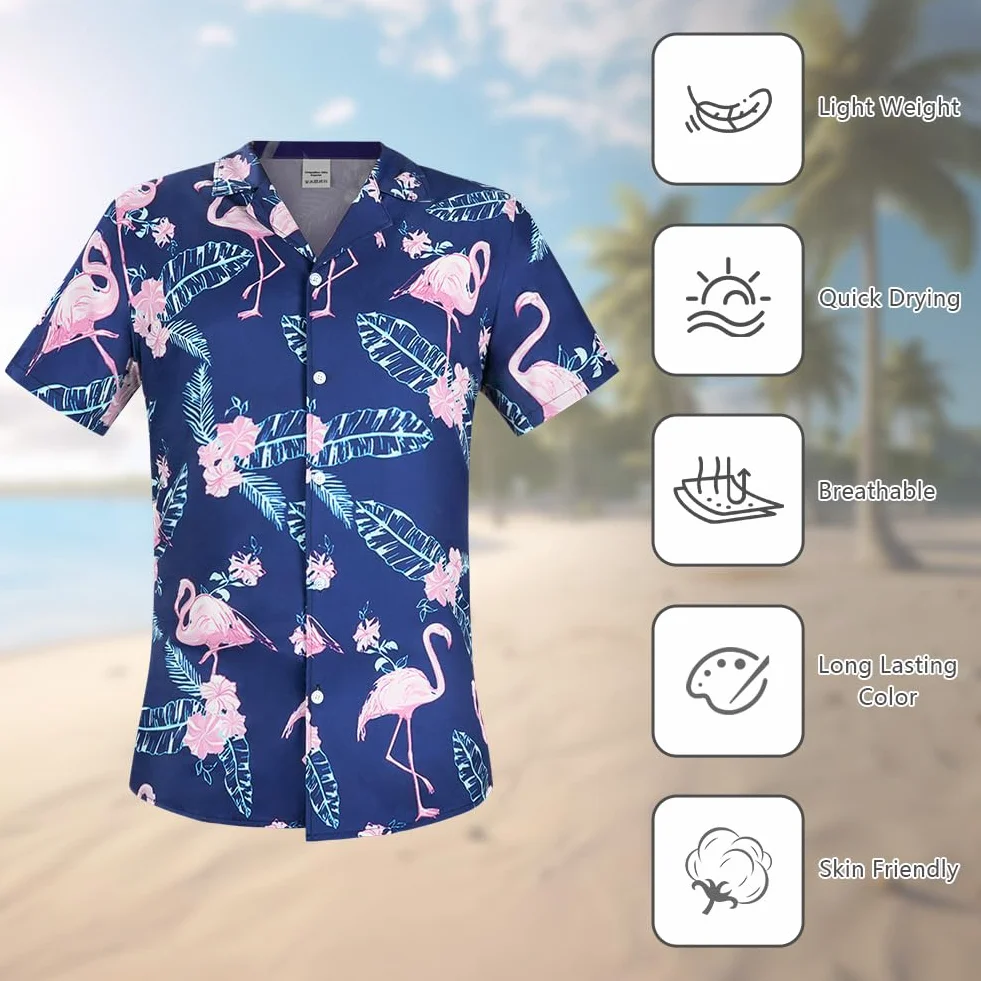 Aomig Funky męska koszula hawajska, 2 szt. zestaw hawajski męski z krótkim rękawem i szortami, casualowa koszulka Aloha z nadrukiem flamingów, hawajskie tropikalne letnie wakacje na plaży koszulki