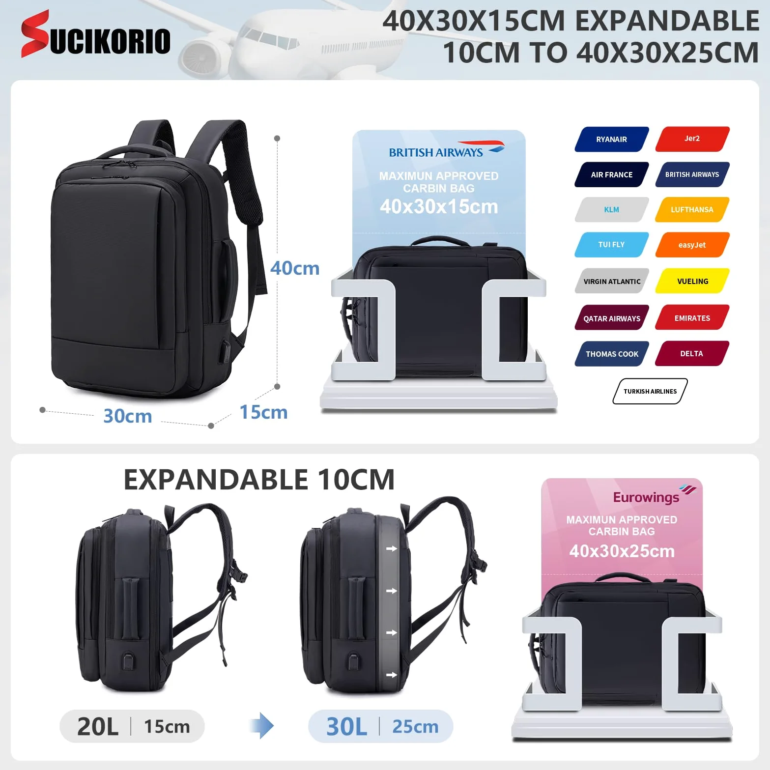 40x30x15cm Możliwość Rozszerzenia Do 40x30x25cm Wodoodporny Plecak Podróżny Torba Na Laptopa 15.6 Cala Plecak Do Codziennego Użytku Z Portem USB Unisex