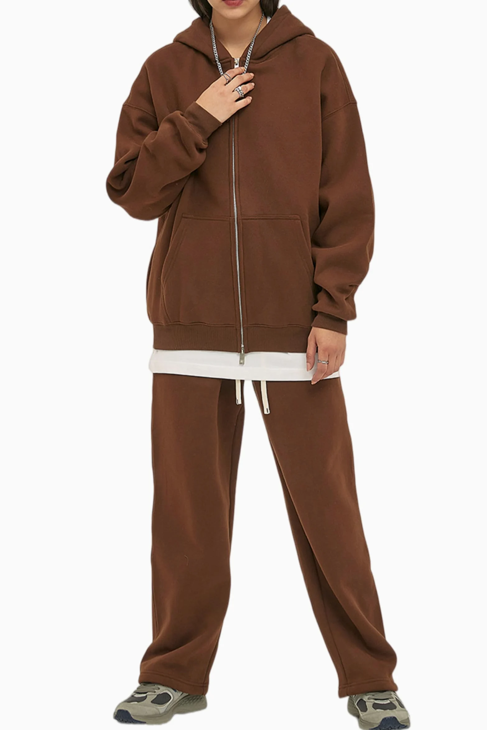 Dres, kurtka dresowa, bluza z kapturem, z zamkiem błyskawicznym, spodnie do joggingu zimowego, kawa, L | Kurtka polarowa unisex z zamkiem błyskawicznym i spodniami do biegania, ciepła i wygodna do codziennego użytku