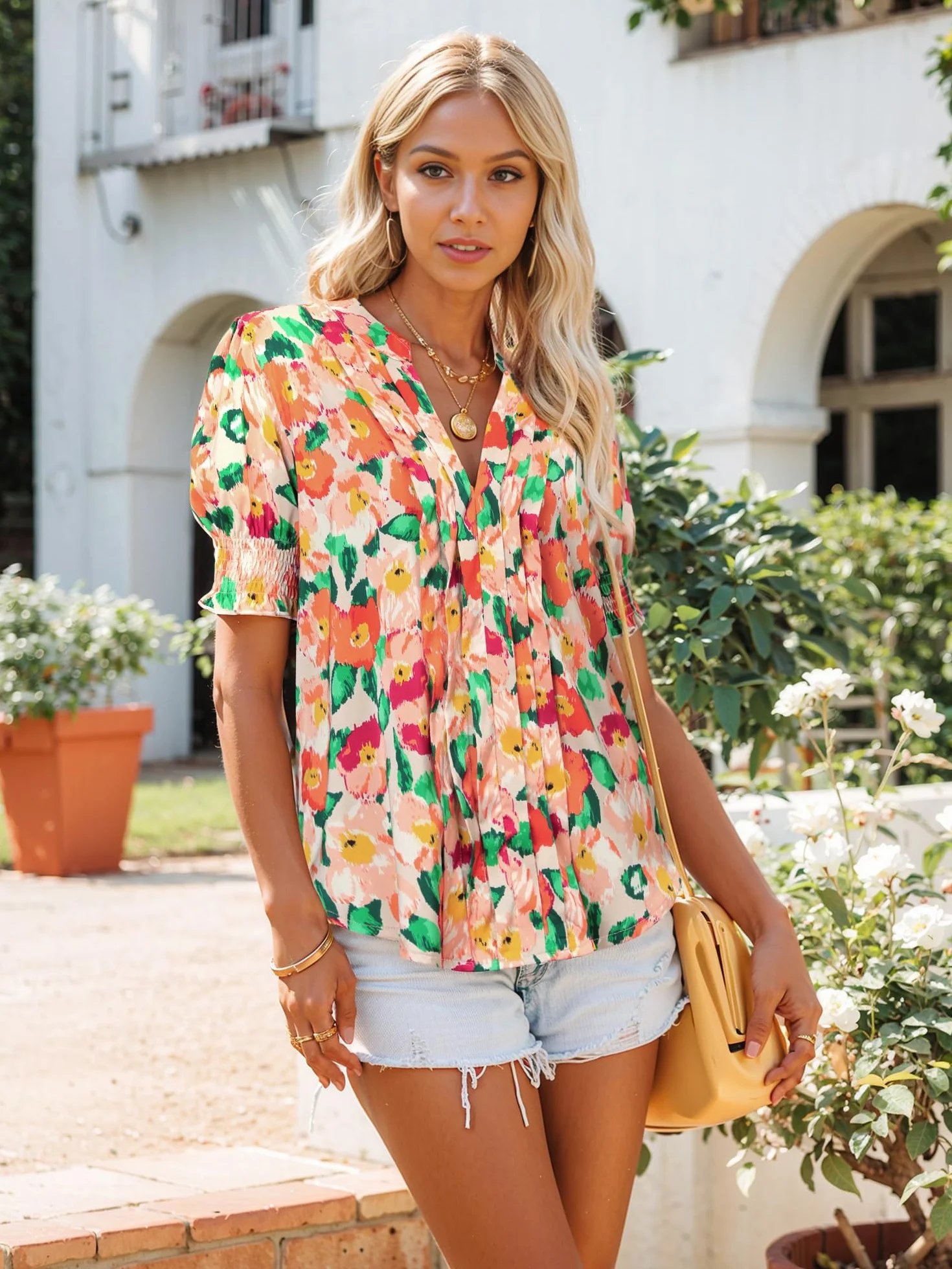 WIEIYM Damska bluzka, koszulka, plisowane/bufiaste rękawy, tunika, t-shirty, kwiaty, dekolt w serek, swobodna górna część na lato, styl boho, luźna, długa koszulka, tunika