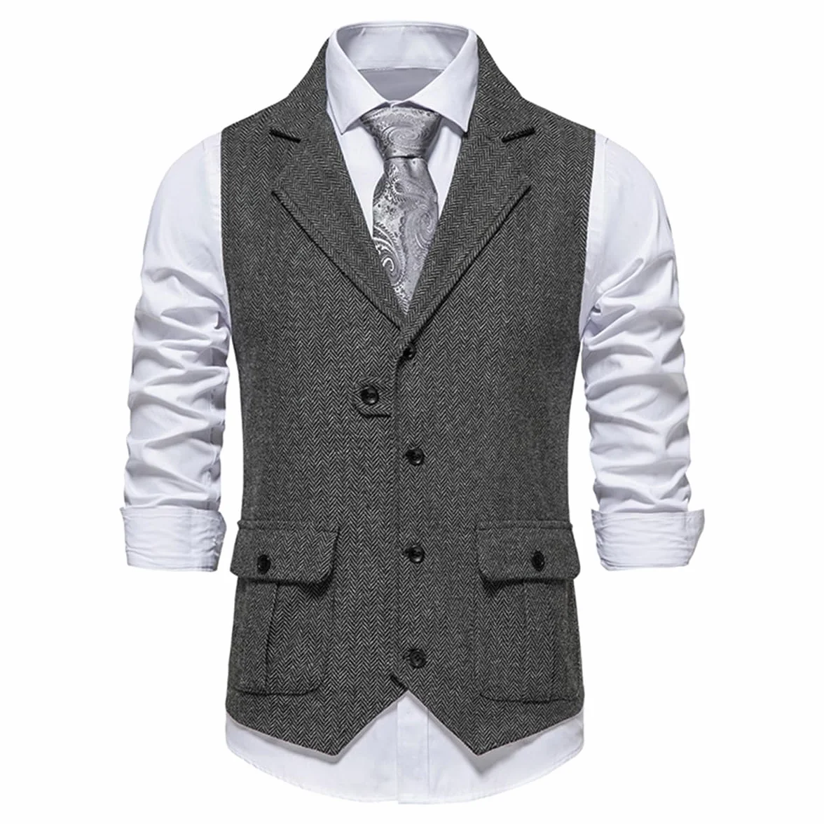 Allthemen Męska formalna kamizelka bez rękawów, tweed, biznesowa, dekolt w serek, klasyczny garnitur, kamizelka z kieszeniami