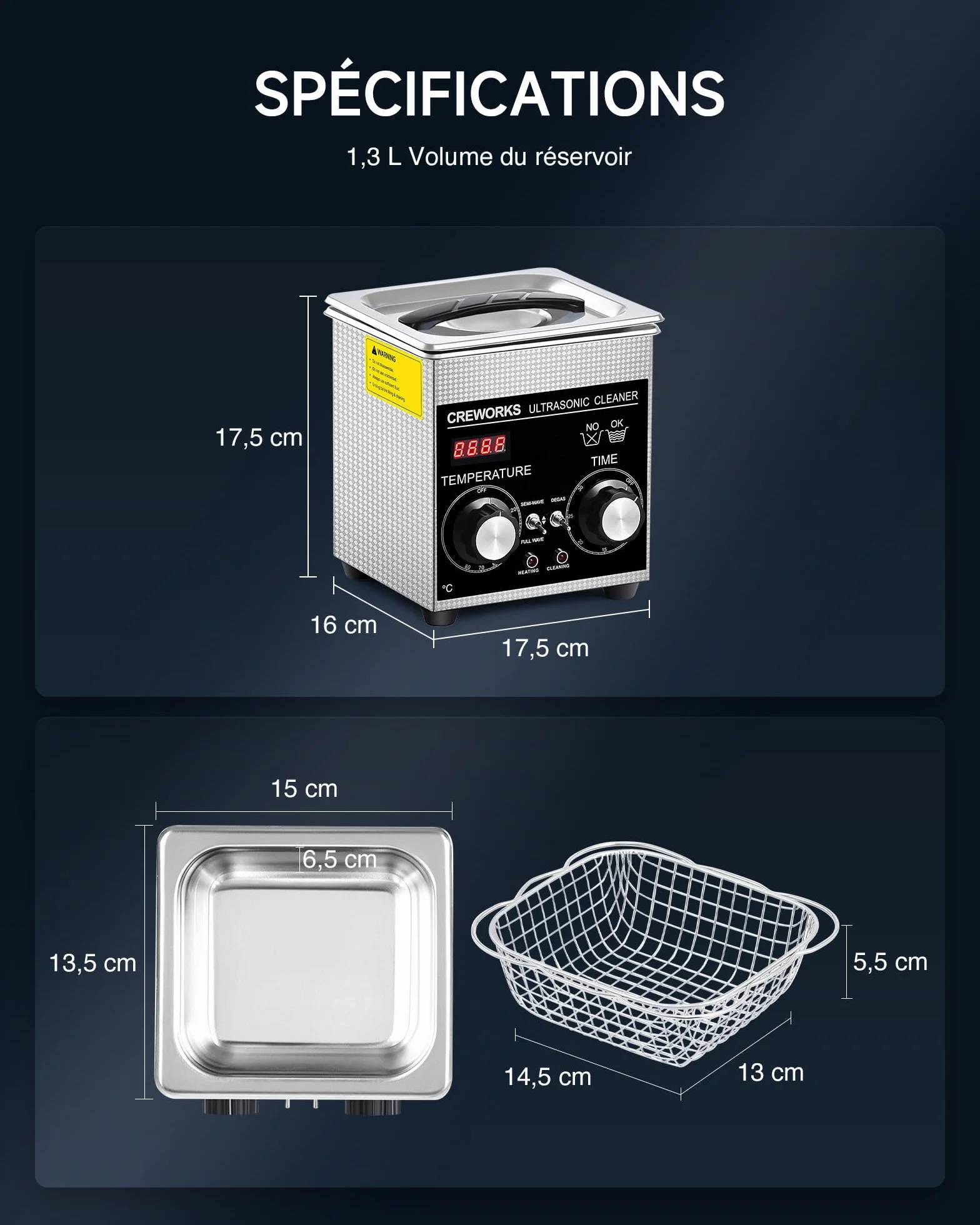 CREWORKS 1L 60 W myjka ultradźwiękowa tryb tacki ultradźwiękowej z ogrzewaniem odpowietrzającym 100 W timer 1-30 min komercyjna maszyna do czyszczenia ultradźwiękowego