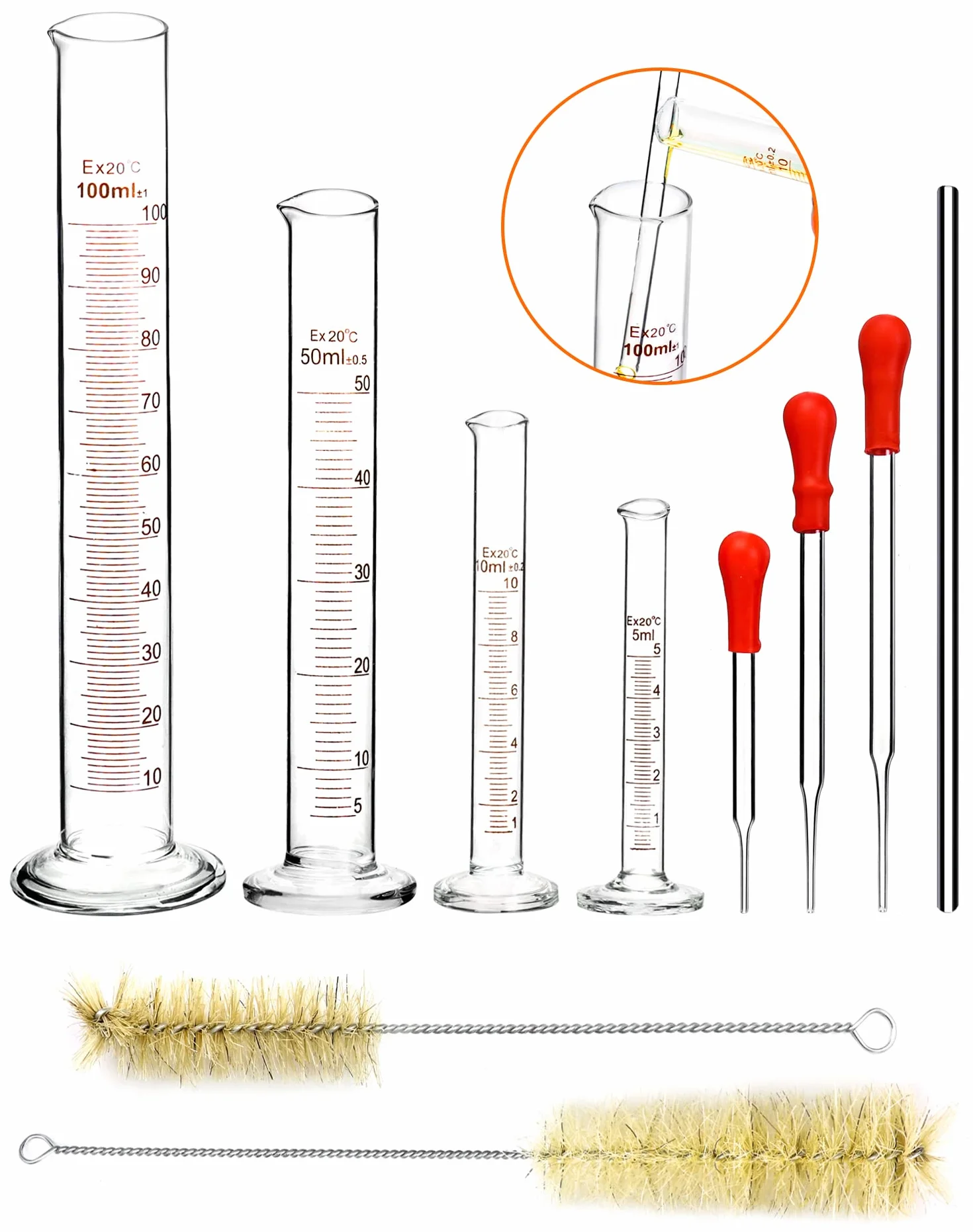 QWORK® 4 szt. Szklany cylinder z podziałką, 5 ml/10 ml/50 ml/100 ml, z 3 szt. szklanych pipet, 2 szt. Szczotka do probówek, 1 szt. Szklany pręt do mieszania
