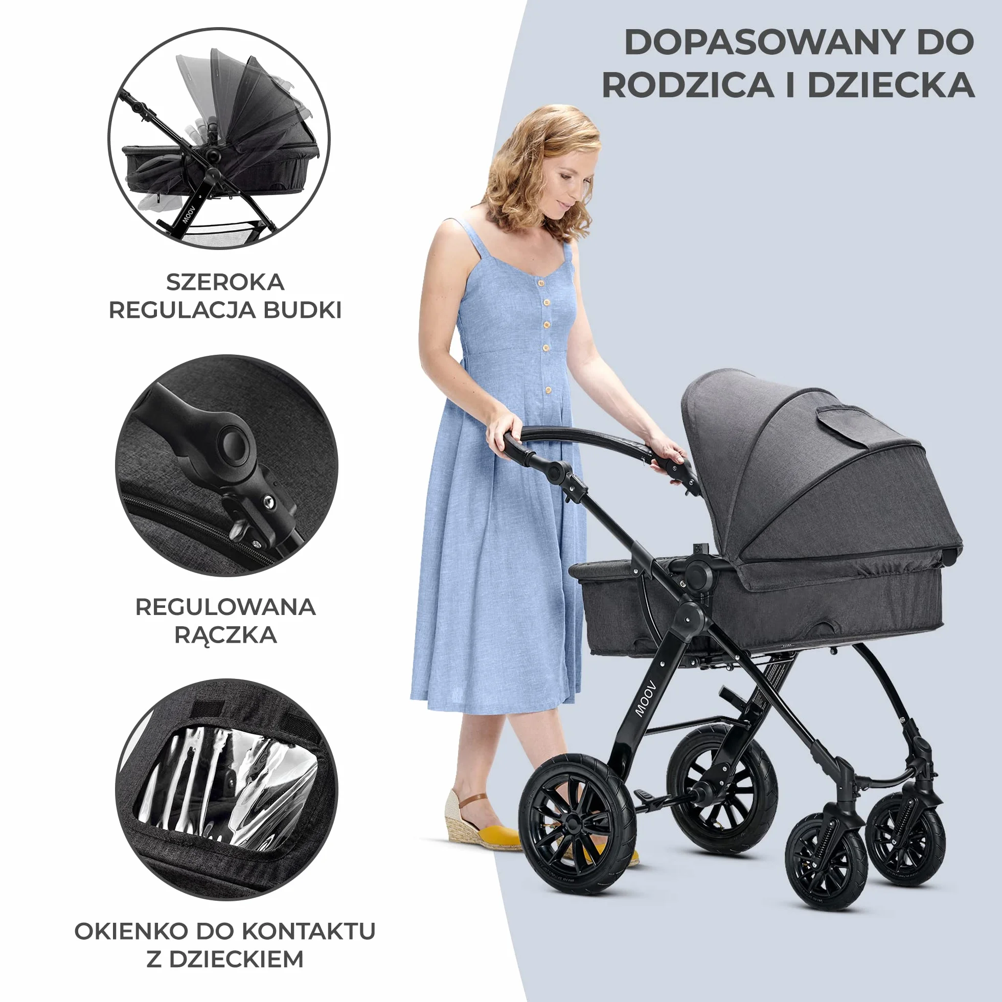 kk KinderkraftWielofunkcyjny Wózek Dziecięcy MOOV 3w1, Spacerówka, Travel system, Fotelik samochodowy i akcesoria w zestawie, Regulacja Oparcia, Amortyzowane koła i stelaż, do 22 kg, Szary