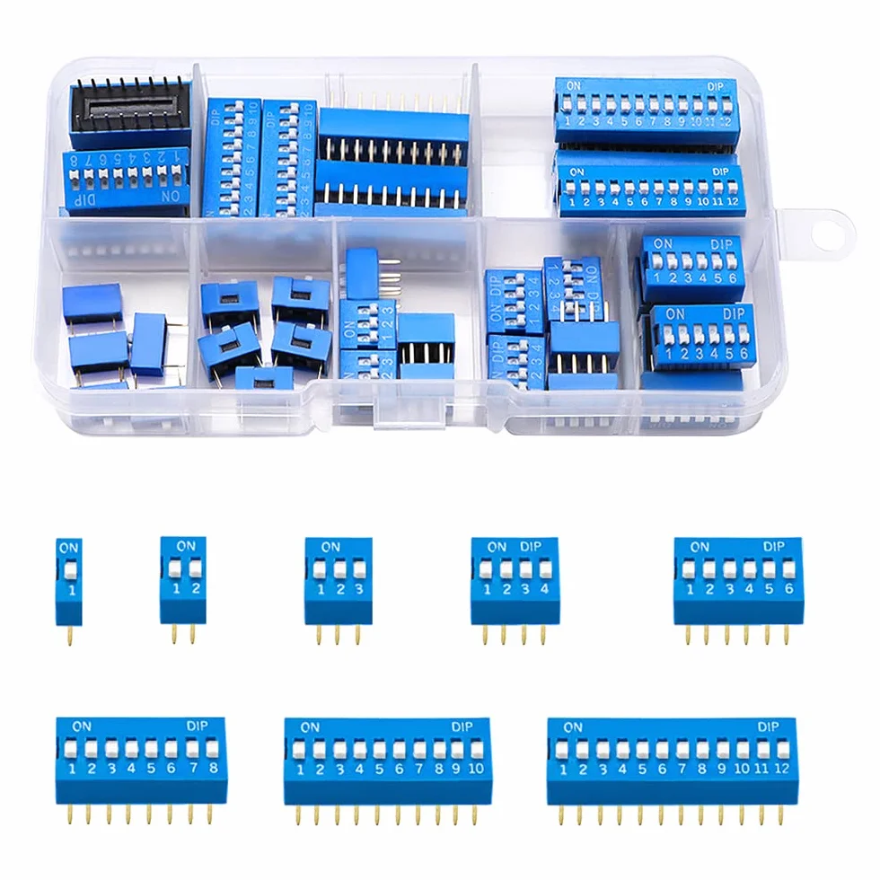 VooGenzek 40 Sztuk 1 2 3 4 6 8 10 12-Pinowy Dwurzędowy Przełącznik Dip, 2.54 mm On Off Slide Type Switch, do Płytek PCB (Niebieski)