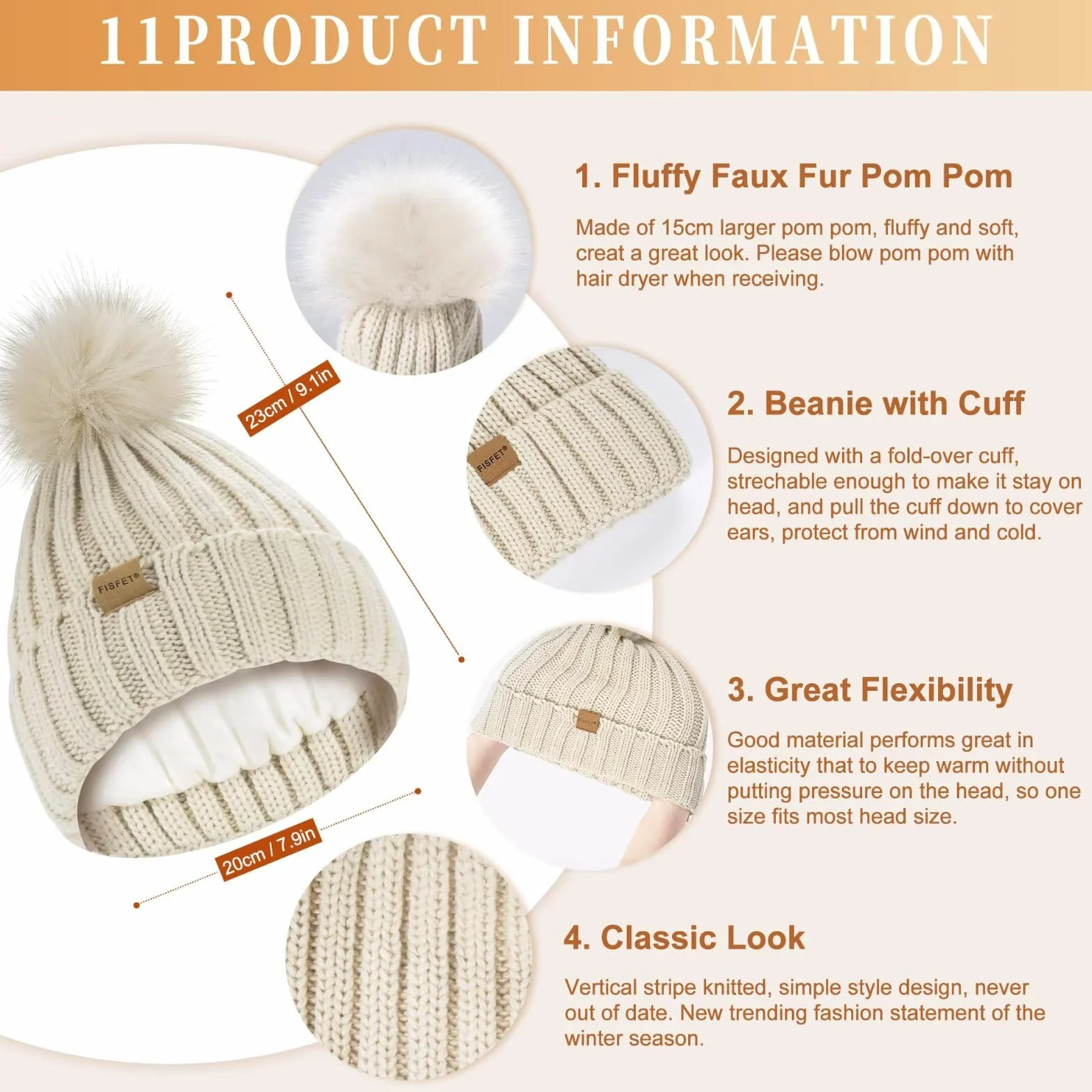FISFET Zestaw czapki, szalika i rękawiczek dla pań, zimowa czapka beanie dla kobiet z polarową podszewką i pomponem, ciepła termiczna, czapka z pomponem, rękawiczki z ekranem dotykowym, szalik na