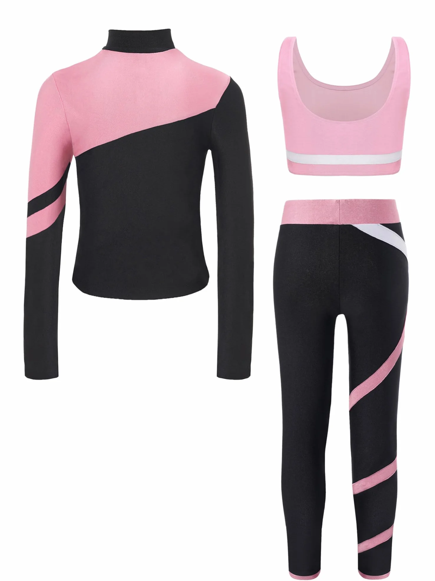 inhzoy Dziewczęcy strój do łyżwiarstwa figurowego zestaw odzieży sportowej z długim rękawem kurtka legginsy i Cropped Tank Top 3-częściowy dziecięcy strój do tańca
