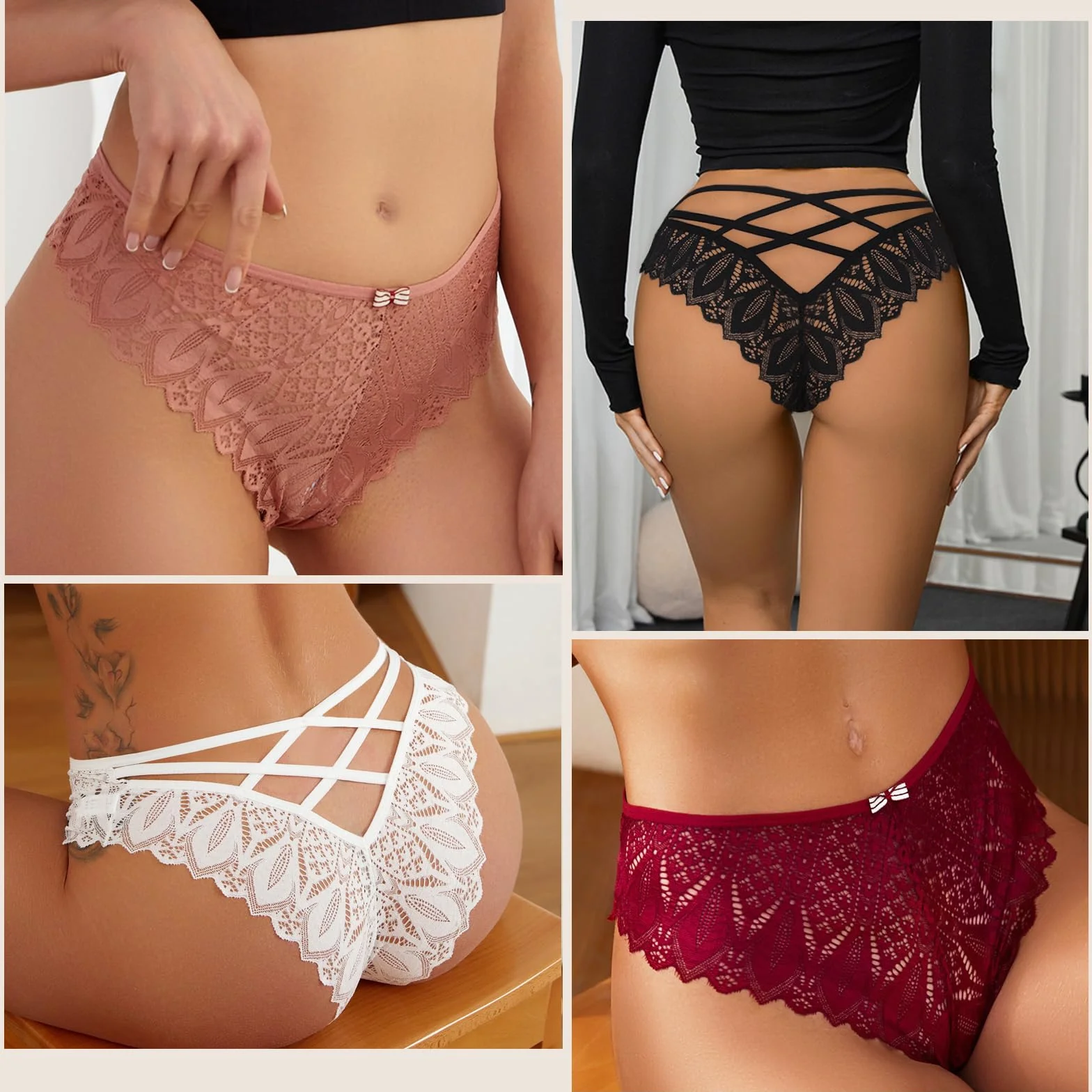 Lishang Zestaw 5 stringów damskich, seksowne eleganckie koronkowe stringi, niskie figi, majtki damskie, kobieca bielizna, kuszące stringi