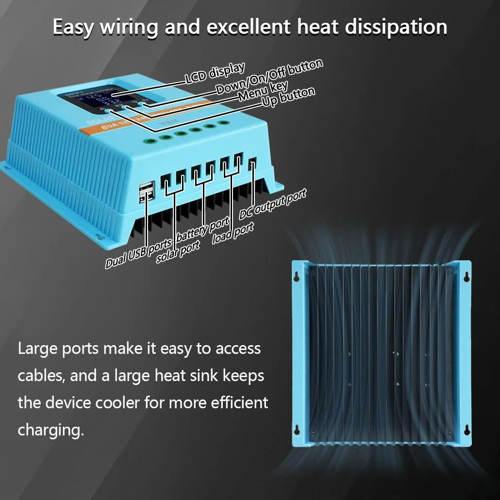 Y&H MPPT Kontroler ładowania słonecznego 80A 12V 24V 36V 48V Wyświetlacz LCD Inteligentna regulacja Max 100 V Podwójne wejście USB do kwasowo-ołowiowego/litu (80A)