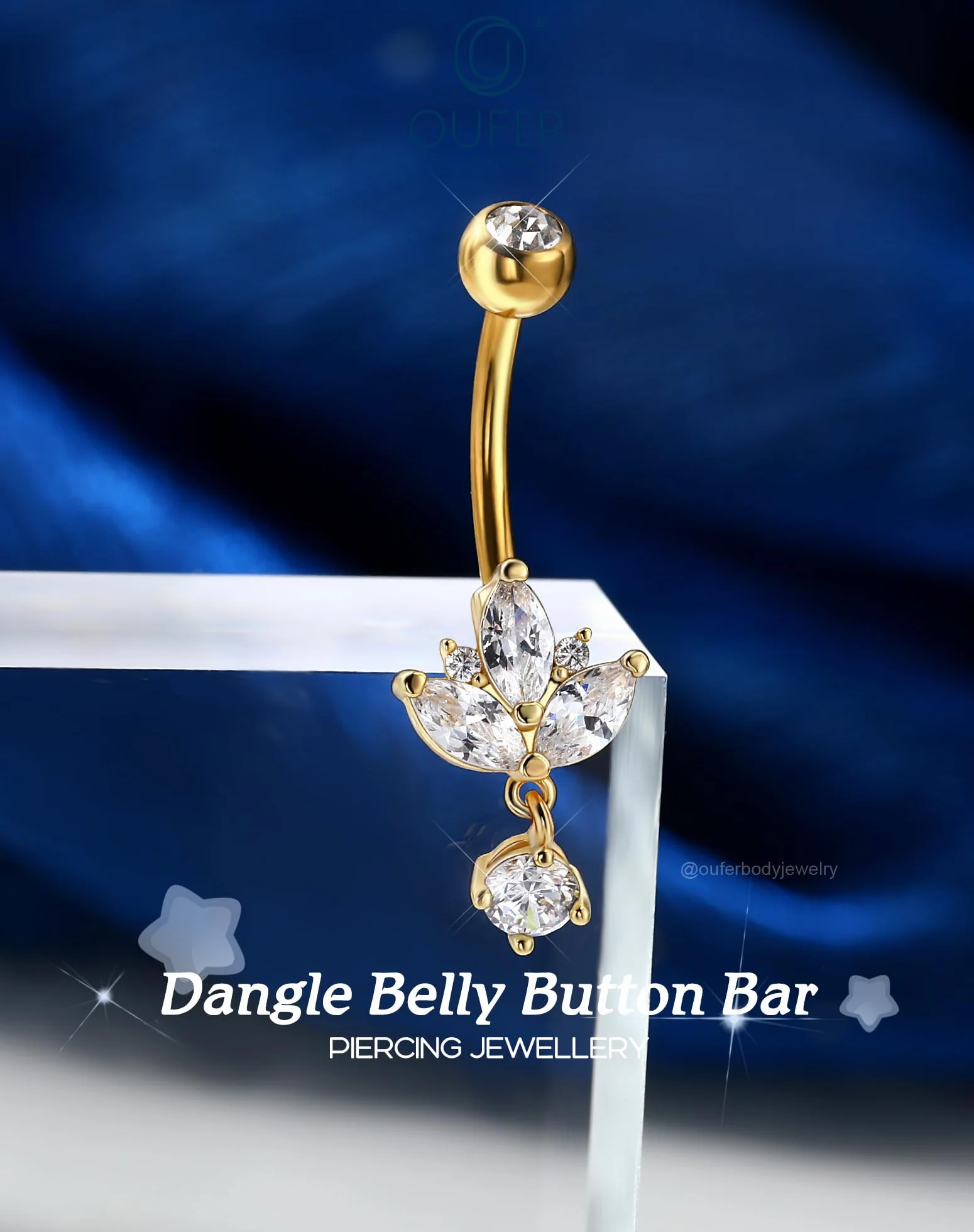 OUFER Lotus Piercing do pępka 14G Dangly srebrny złoty kolczyk do brzucha biżuteria ze stali chirurgicznej CZ Belly Bar 10 mm